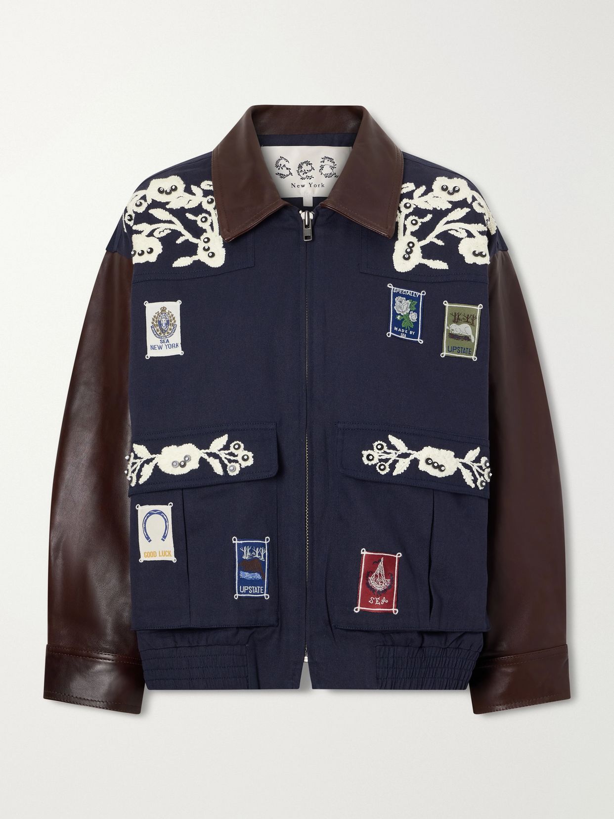 Georgie embroidered cotton-canvas and leather jacket