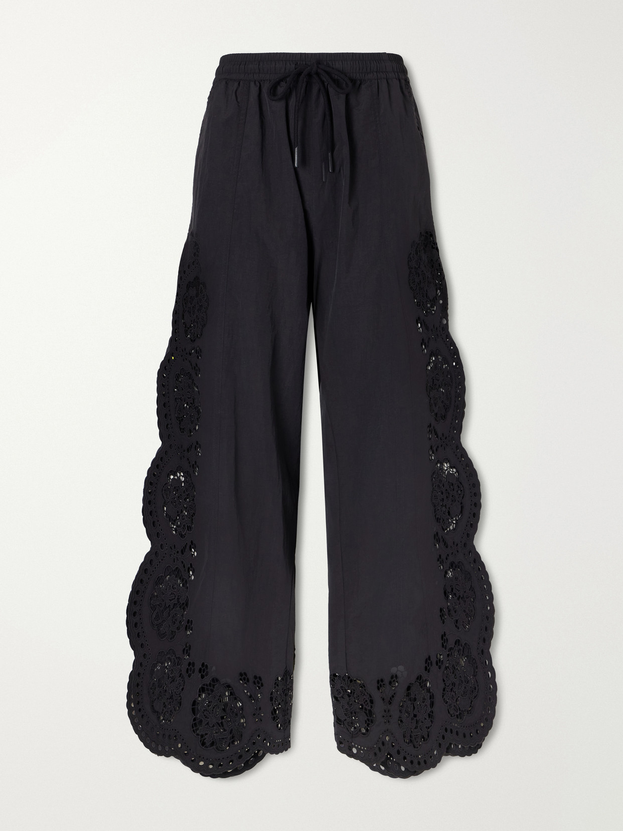 Sea Vittoria Broderie Anglaise-trimmed Shell Wide-leg Pants In Black