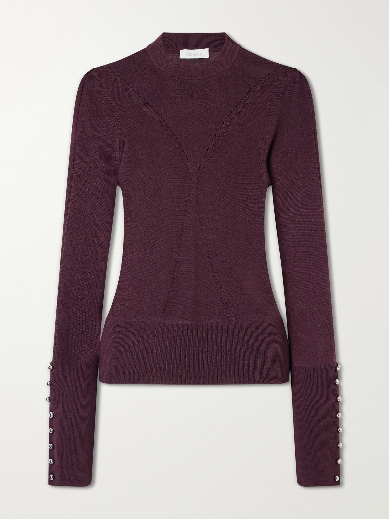 Rabanne Ribbed Embellished Wool And Silk-blend Sweater In Burgundy