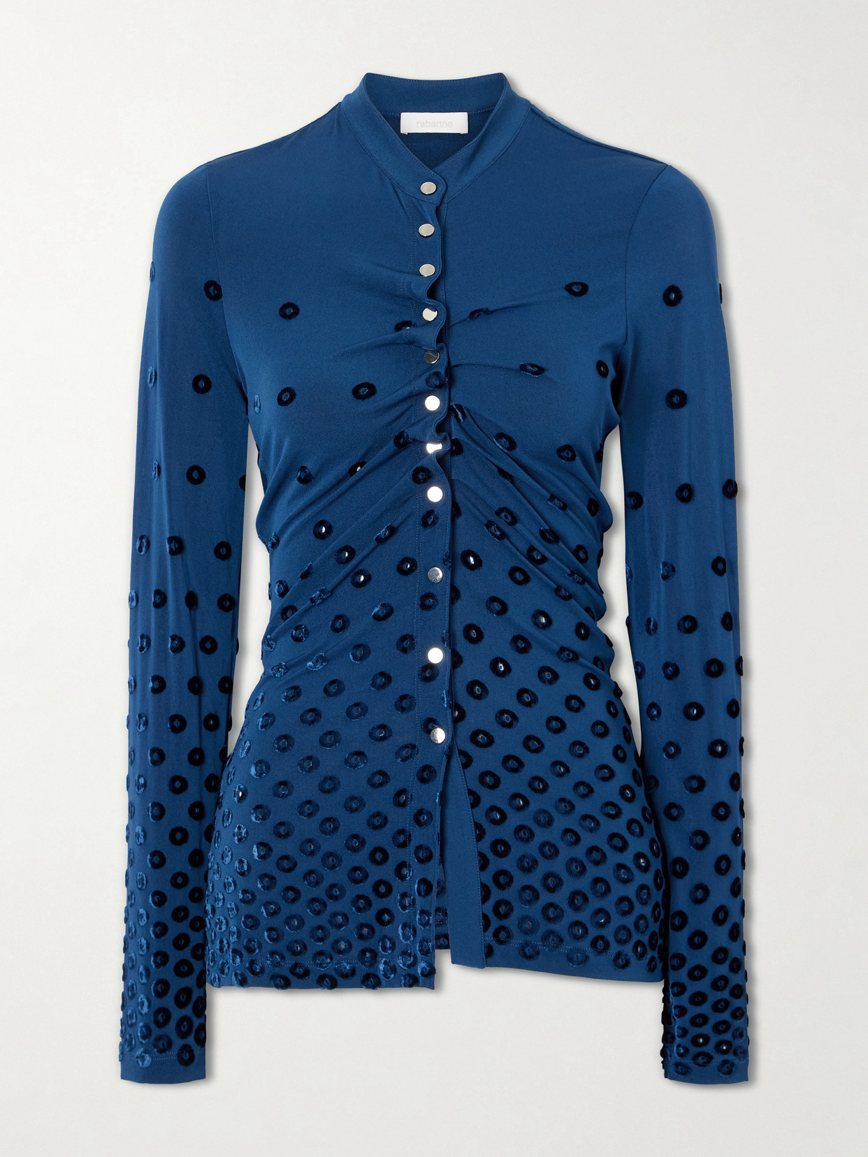 Rabanne Gathered Flocked Jersey Blouse In Blue