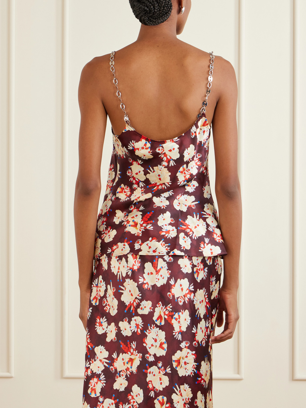 Chainmail-Embellished Floral-Print Silk Tank