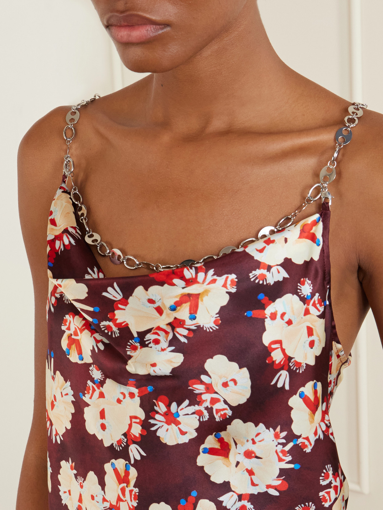 Chainmail-Embellished Floral-Print Silk Tank