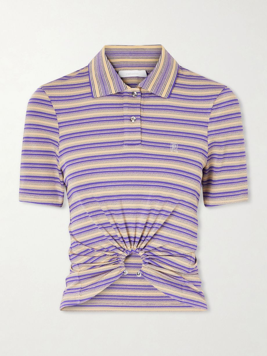 Embellished striped woven polo shirt