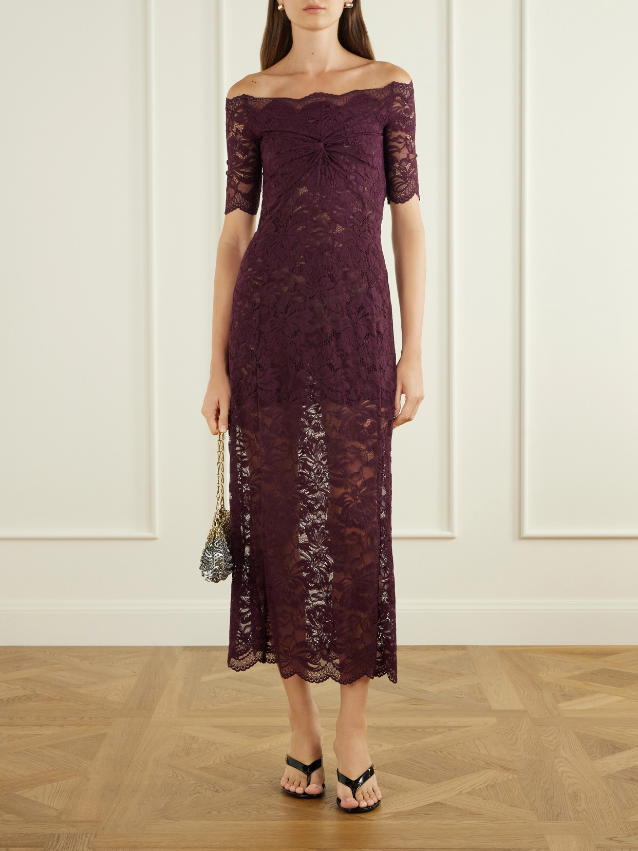 Ruched Lace Midi Dress
