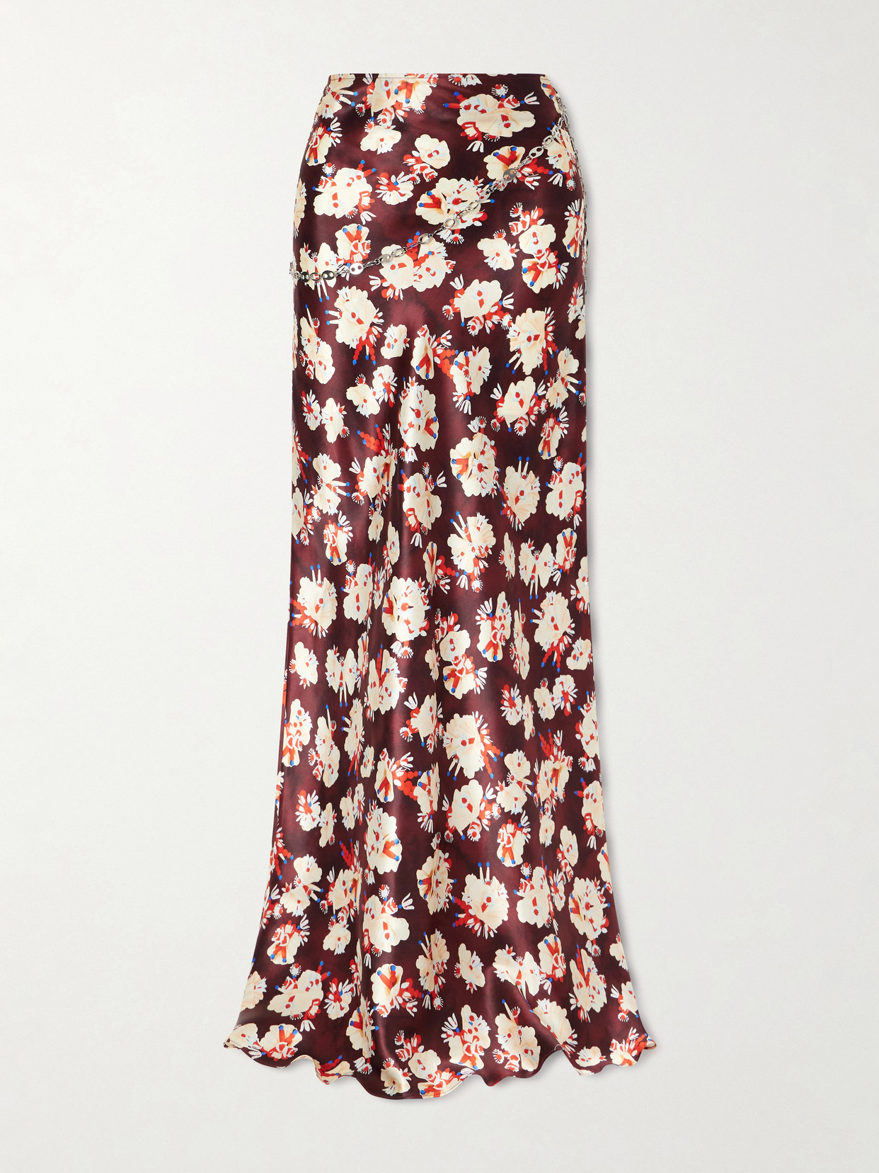 Rabanne Chainmail-embellished Floral-print Silk Maxi Skirt In Purple