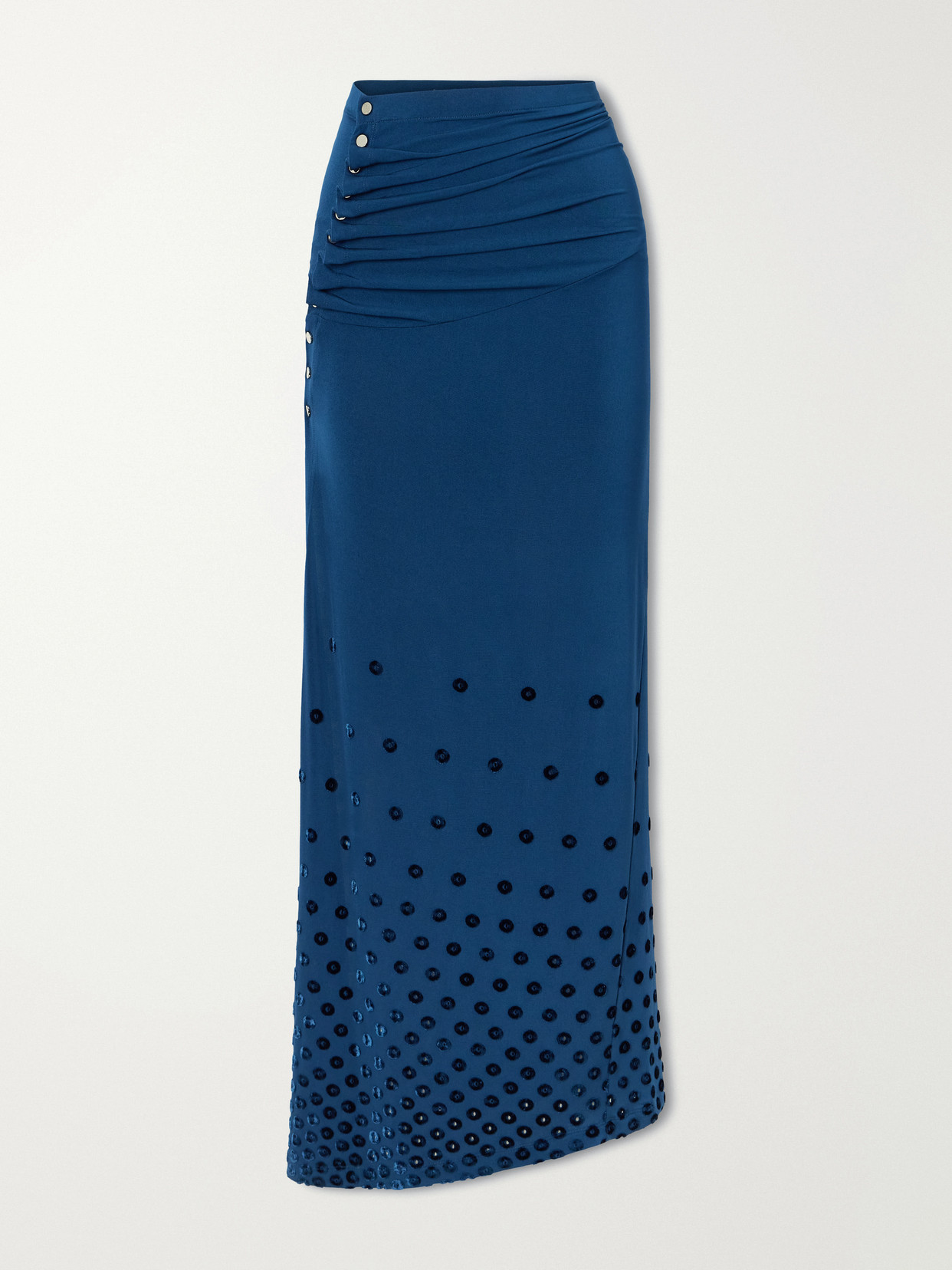 Rabanne Gathered Flocked Jersey Maxi Skirt In Blue