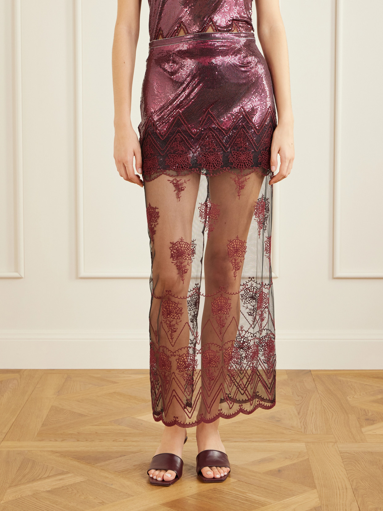 Layered Embroidered Mesh-Trimmed Chainmail Maxi