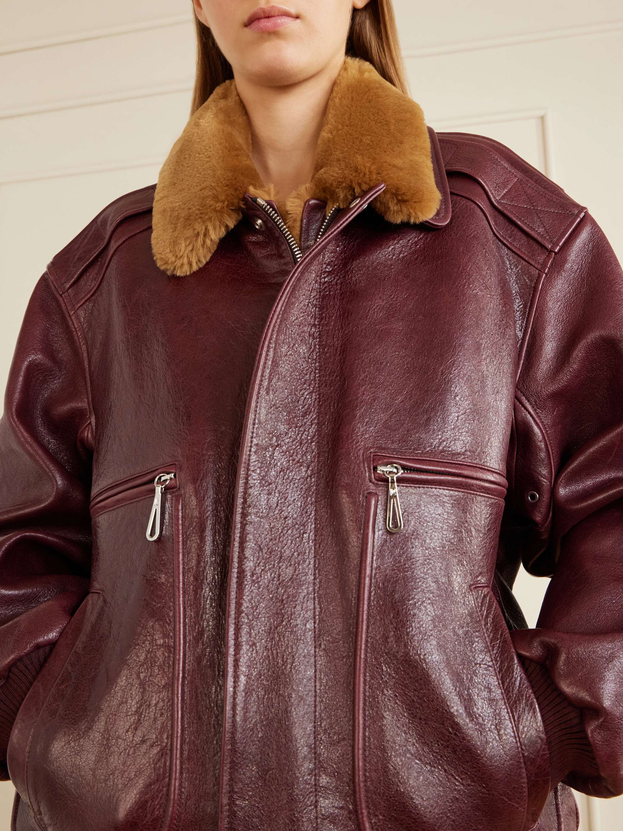 アイレネ☆IRENE Fur Hooded Leather Jacket RABANNE Shearling-trimmed textured-leather jacket | NET-A-PORTER