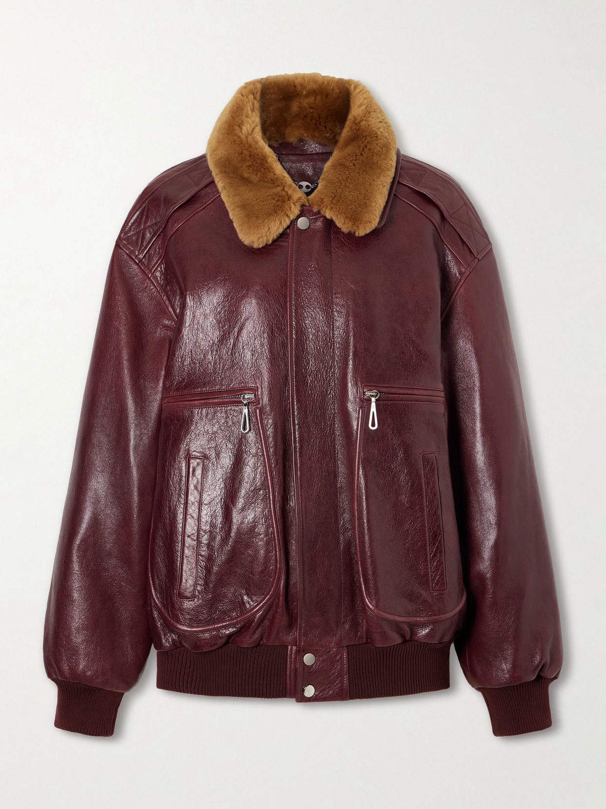 Shearling Trimmed Textured Leather Jacket