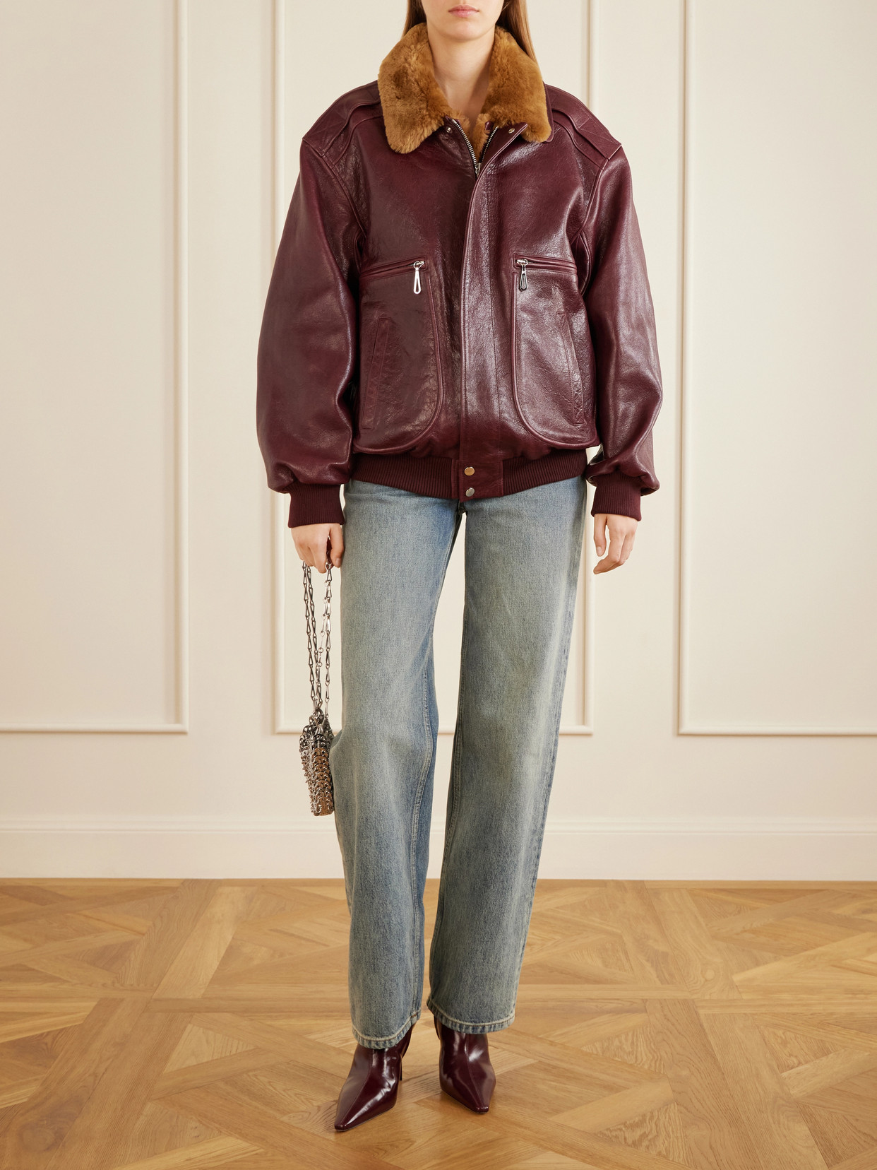 Shearling-Trimmed Textured-Leather Jacket