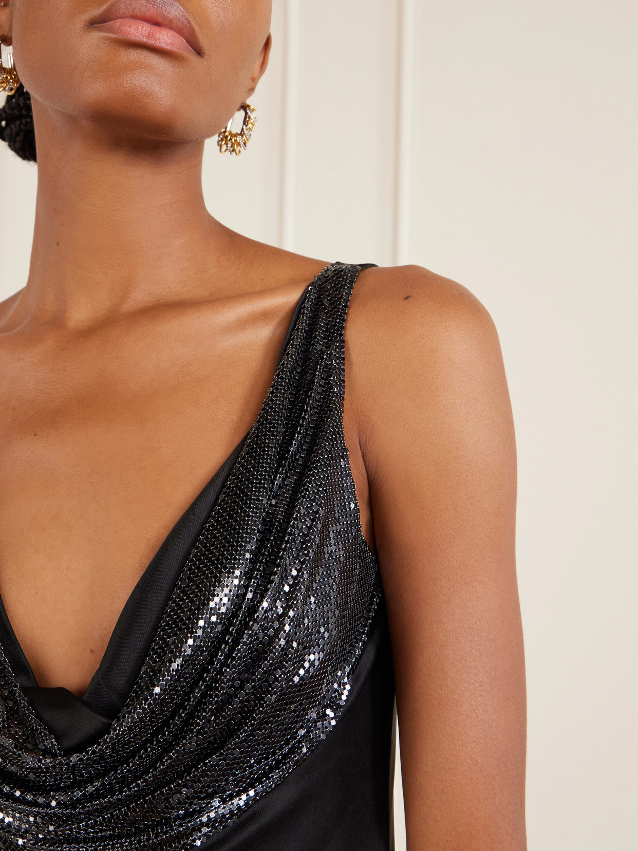 Mesh-Detailed Jersey-Satin Maxi Dress