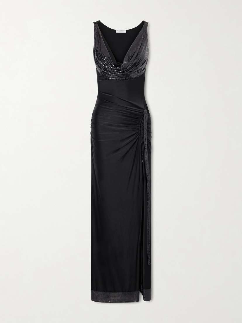 Rabanne Mesh-detailed Jersey-satin Maxi Dress