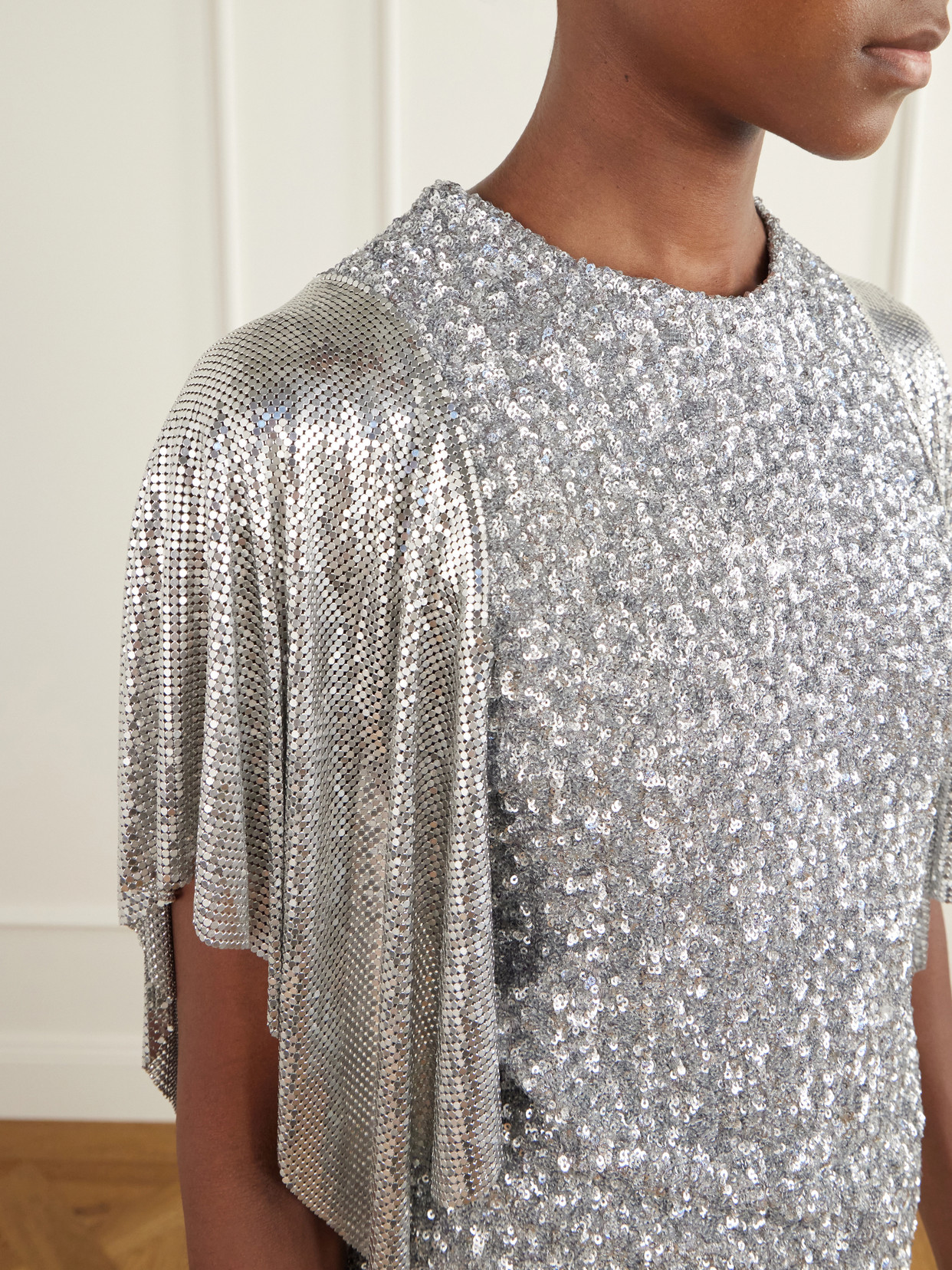 Chainmail-Trimmed Sequined Blouse