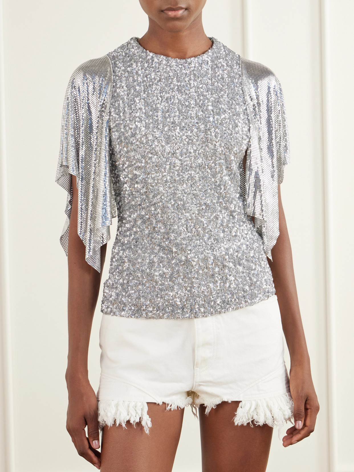 Chainmail-Trimmed Sequined Blouse