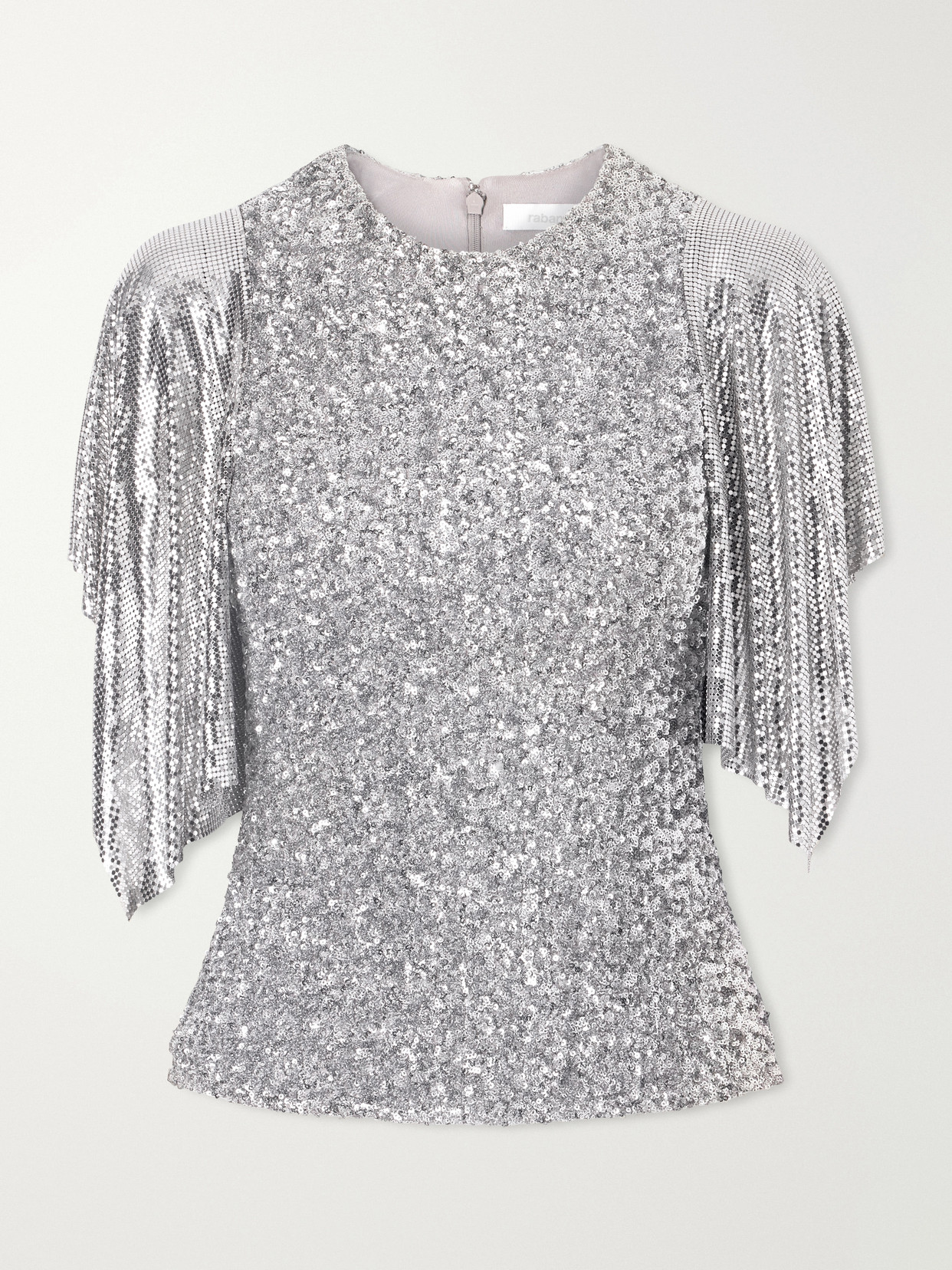 Rabanne Chainmail-trimmed Sequined Mesh Blouse In Silver