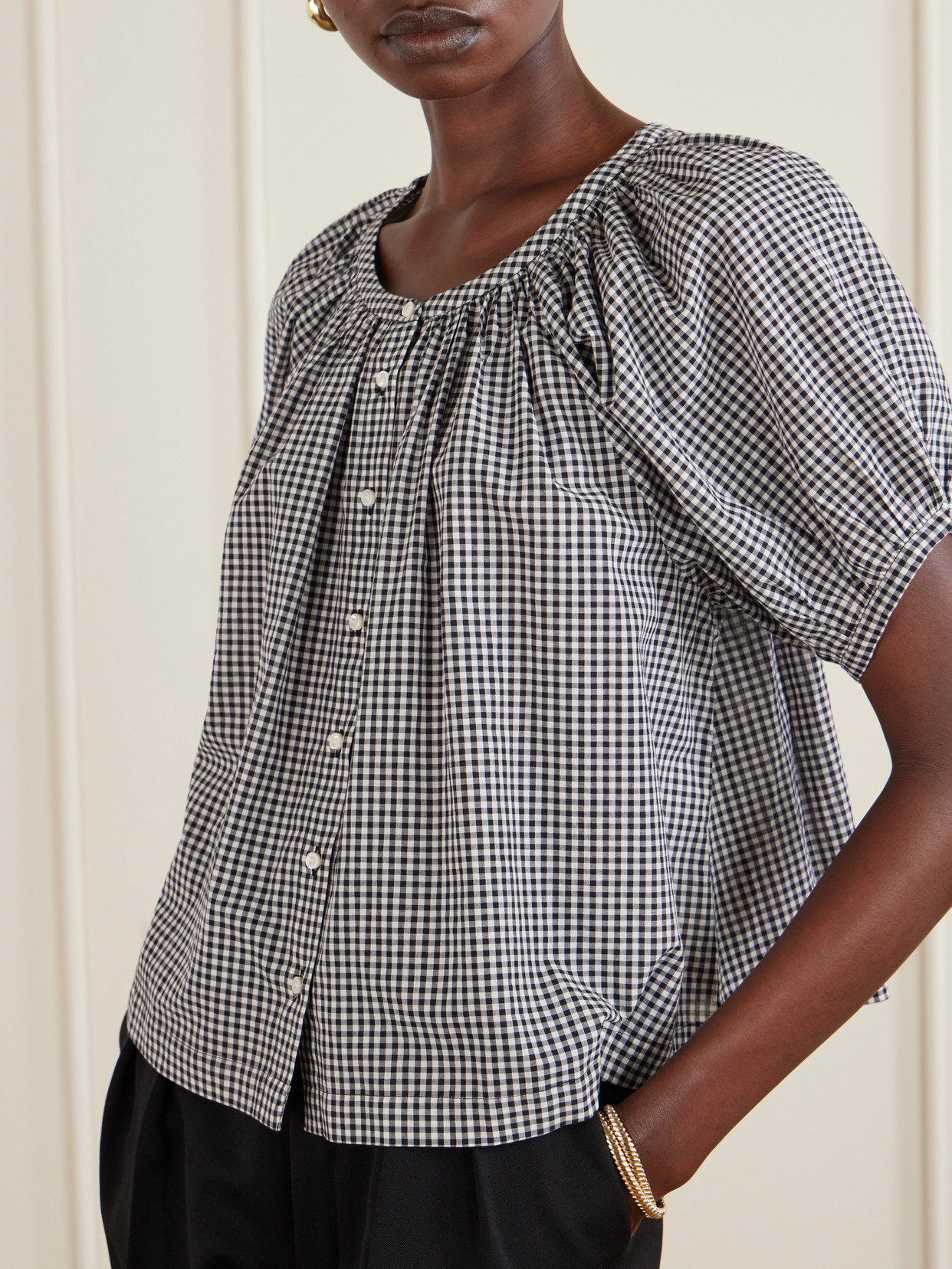 Doen June Gathered Checked Cotton Blouse In Gray
