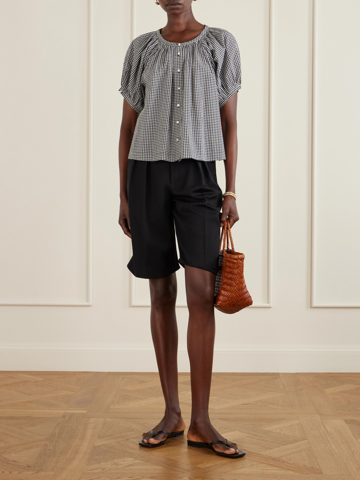 Doen June Gathered Checked Cotton Blouse In Gray