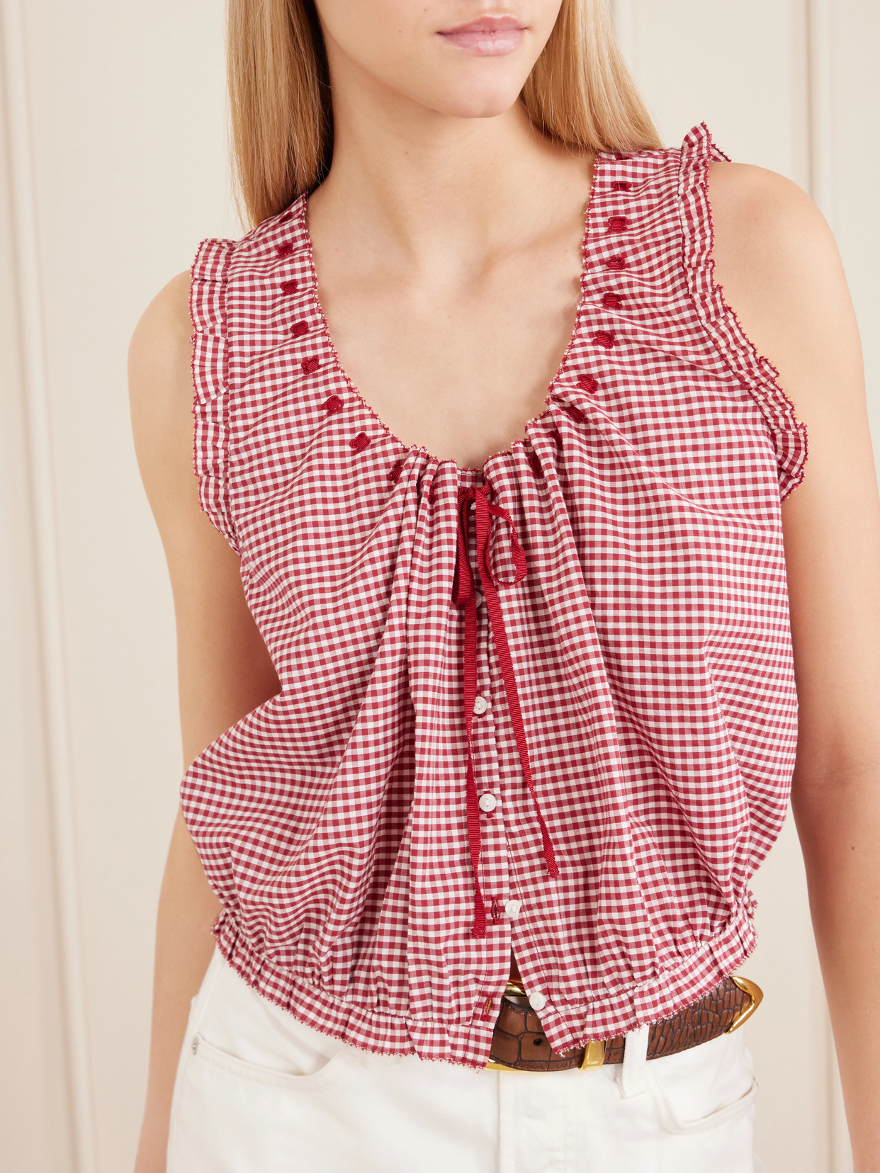 Dôen - Traveler Gathered Checked Organic Cotton Blouse