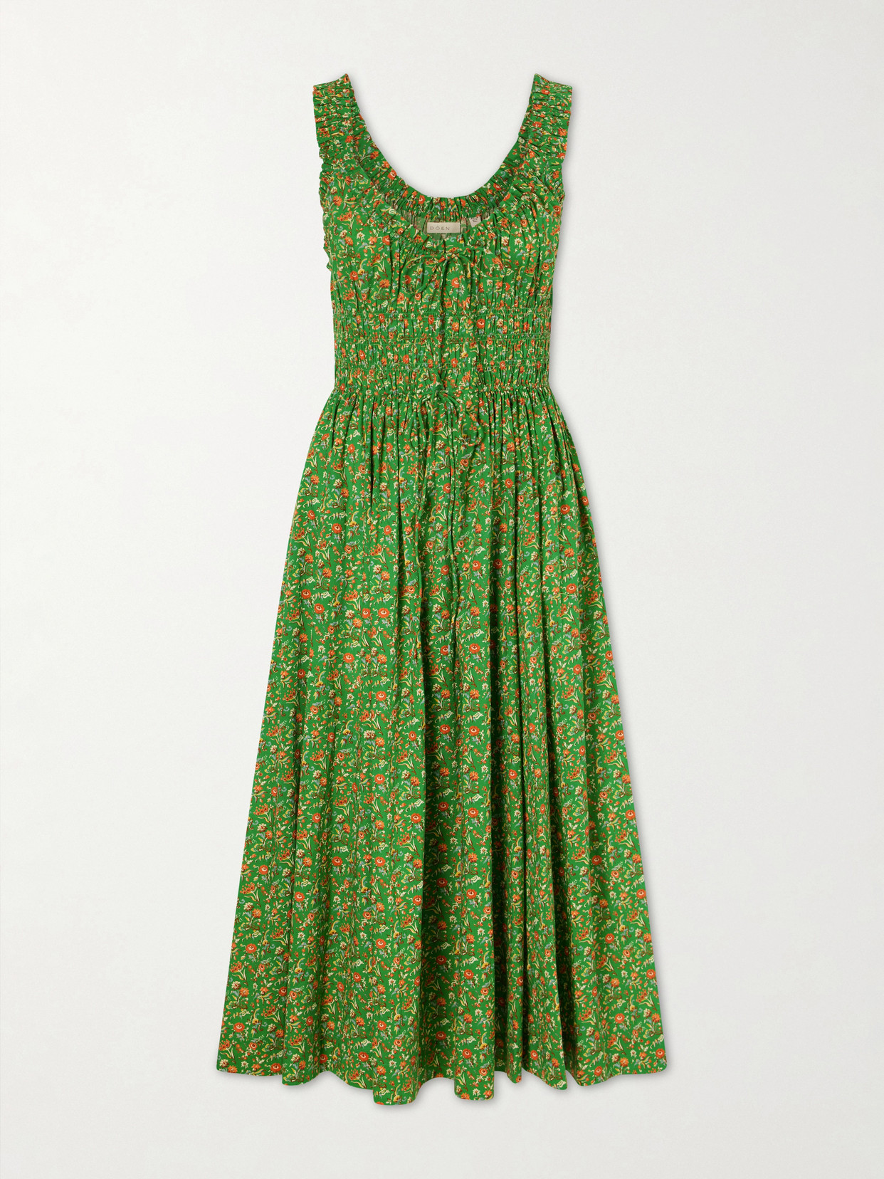 Doen Emmaretta Shirred Floral-print Organic Cotton Midi Dress In Red