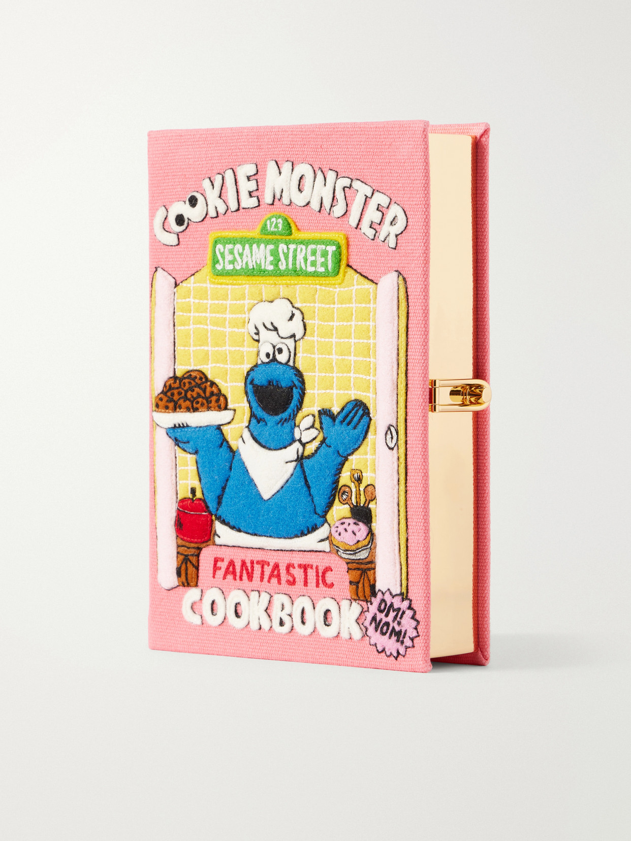 Olympia Le-tan Cookie Monster Fantastic Cookbook Embroidered Canvas Clutch In Pink