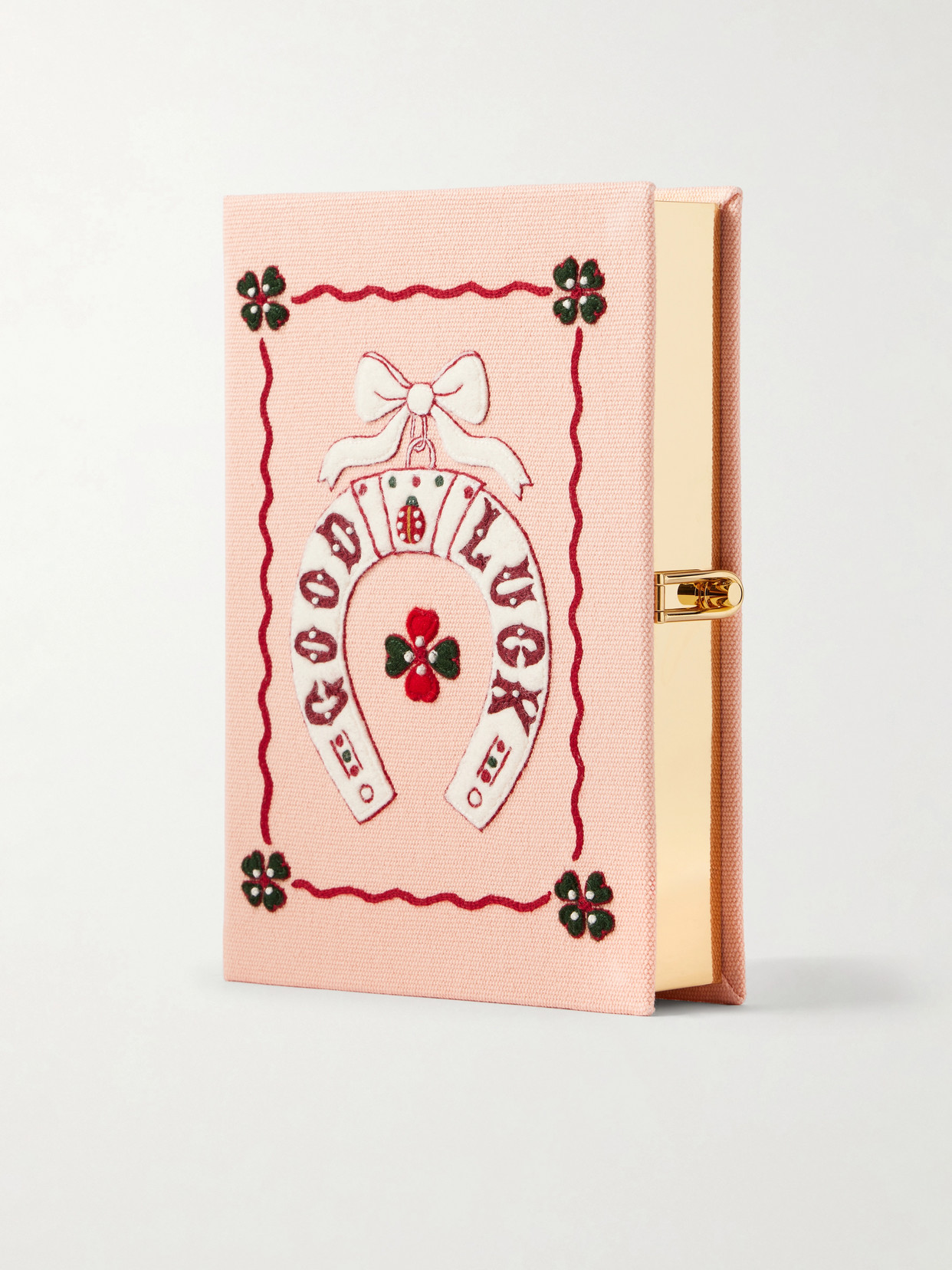 Olympia Le-tan Good Luck Embroidered Canvas Clutch In Pink