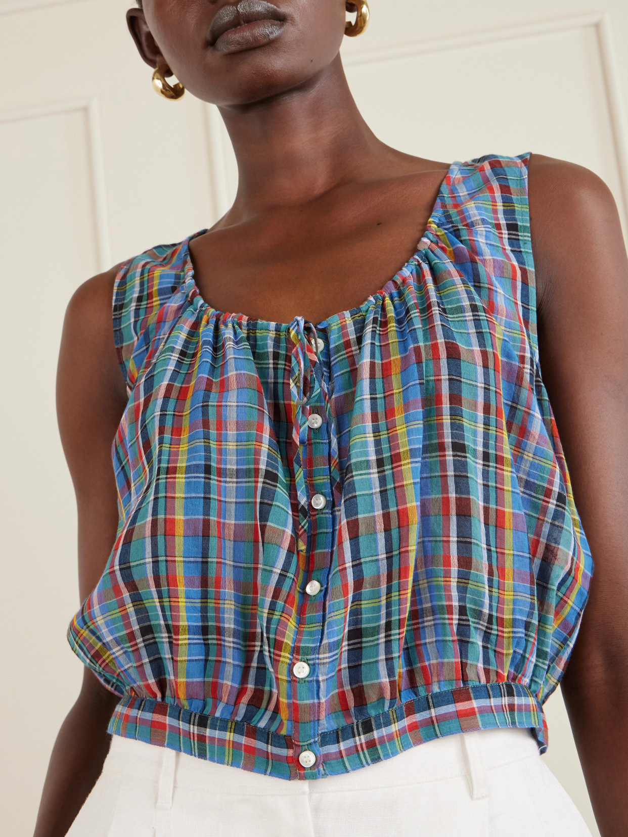 Dôen - Theo Gathered Checked Organic Cotton-Voile Top