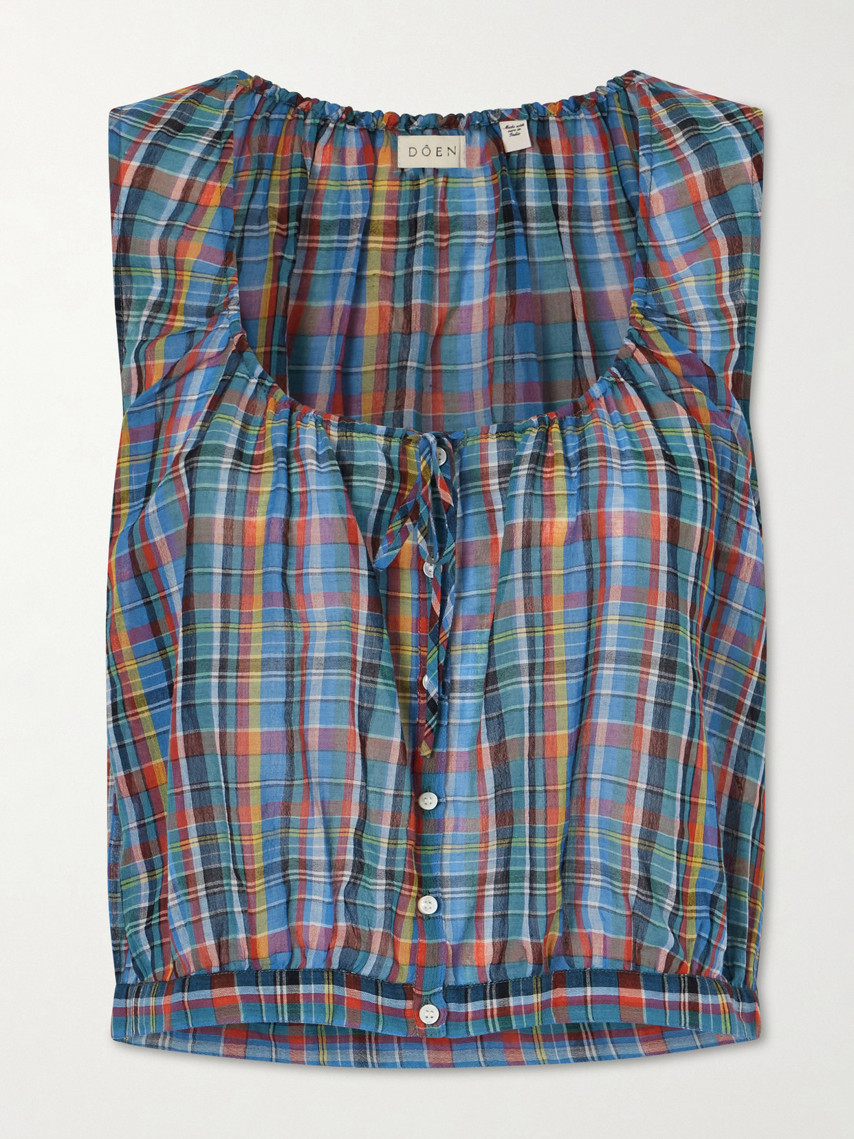 Doen Theo Gathered Checked Organic Cotton-voile Top In Blue