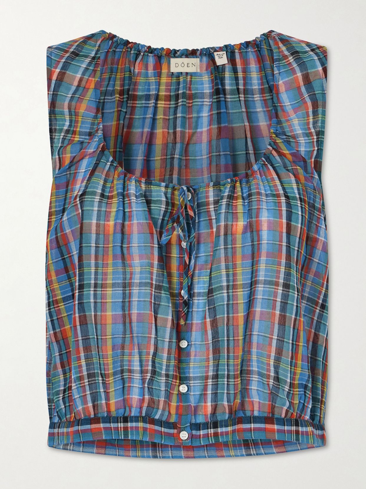 Theo Gathered Checked Organic Cotton Voile Top