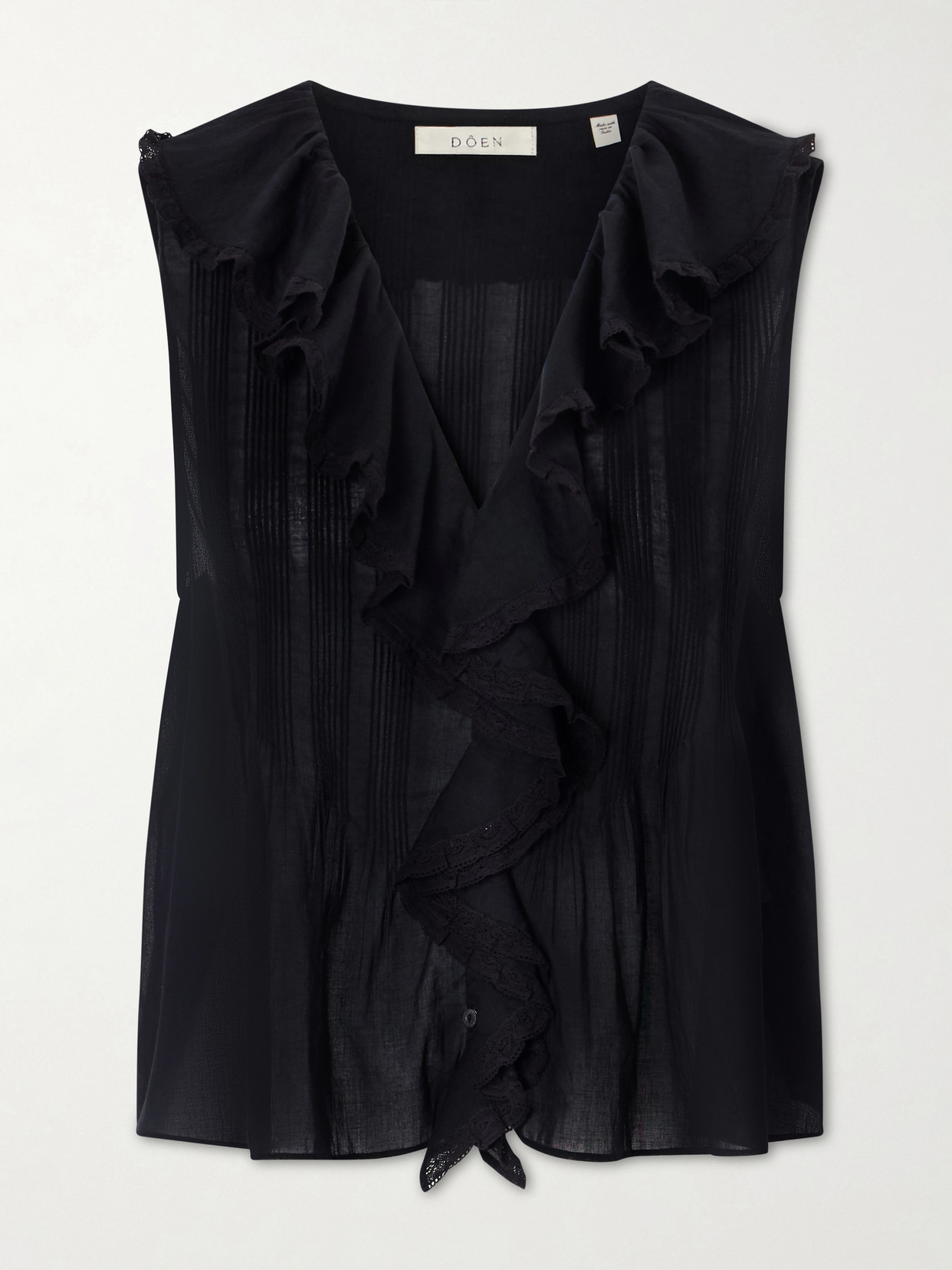 DÔEN - Hilda Ruffled Embroidered Organic Cotton Top - Black