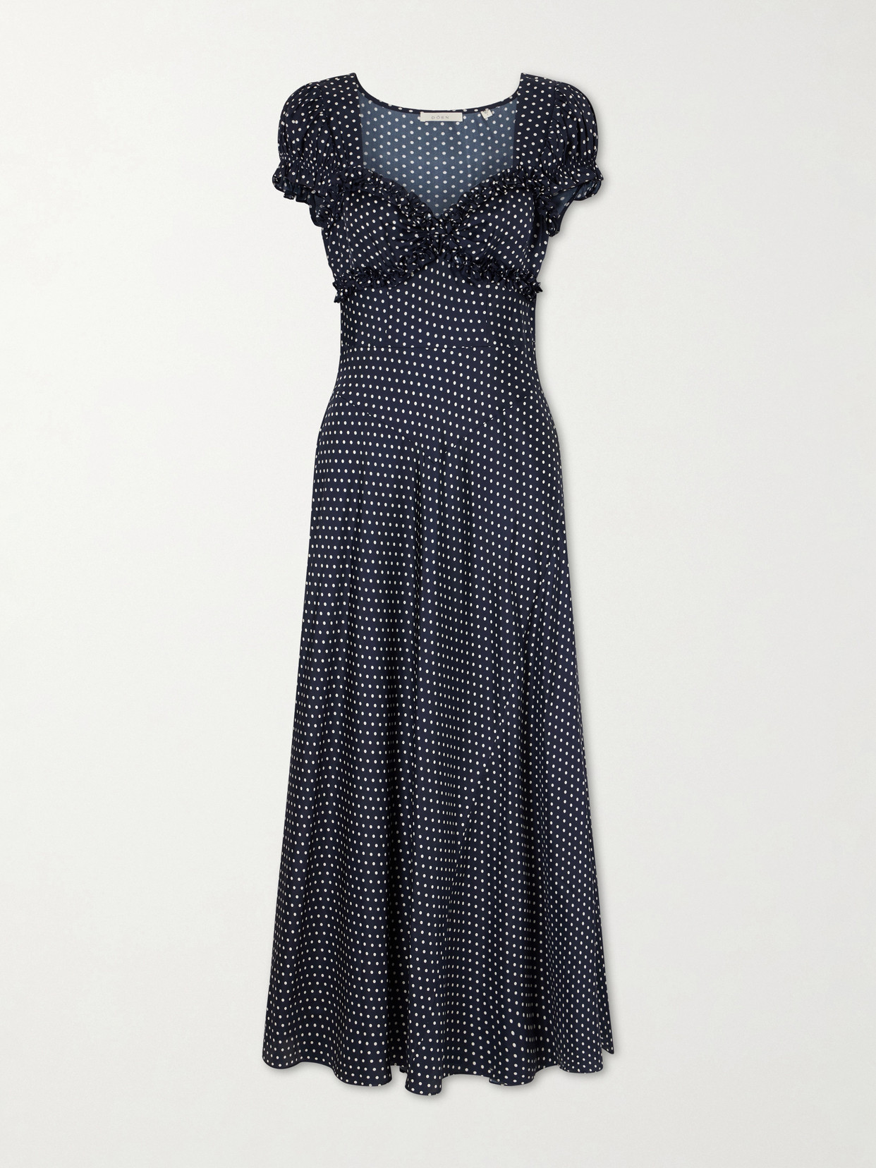 DÔEN - Valerine Gathered Polk-dot Silk-blend Twill Maxi Dress - Blue