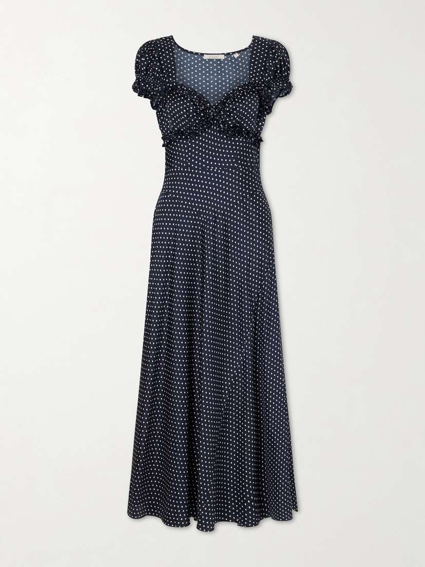 DÔEN Valerine Gathered Polk-dot Silk-blend Twill Maxi Dress