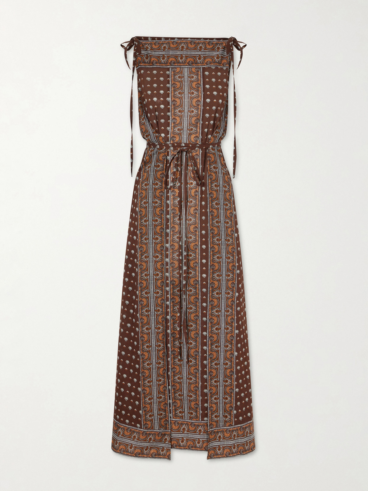 Doen Amarante Belted Printed Organic Cotton-voile Midi Dress In Brown