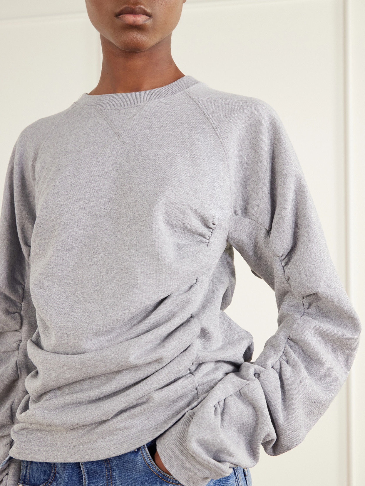 Ruched Sleeve Cotton-Jersey Sweatshirt