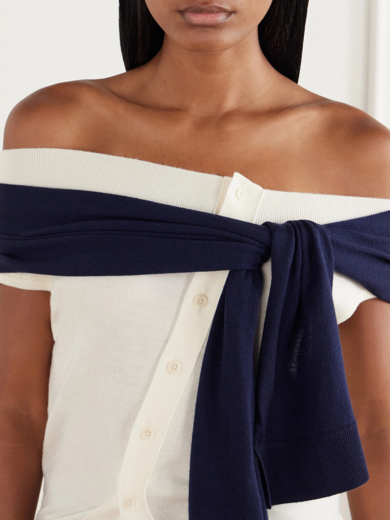 Off-The-Shoulder Tie-Detailed Asymmetric Wool Tank