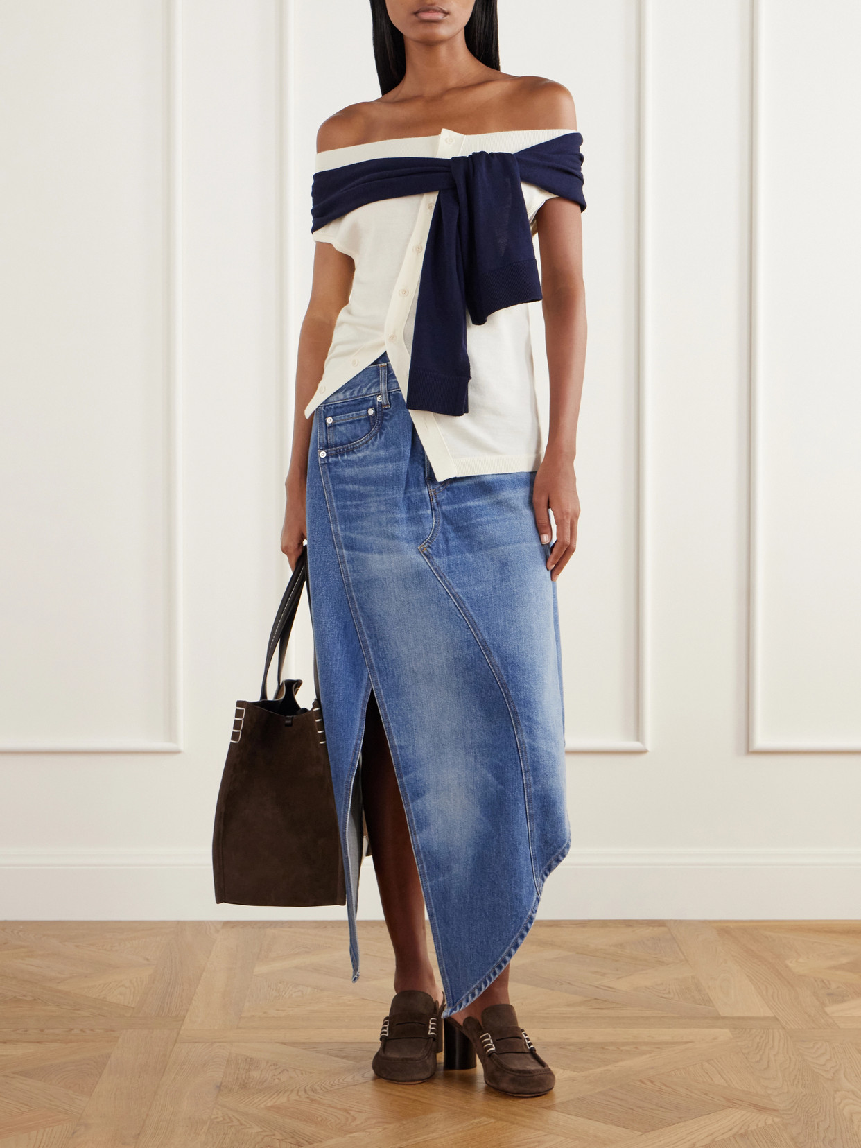 Off-The-Shoulder Tie-Detailed Asymmetric Wool Tank
