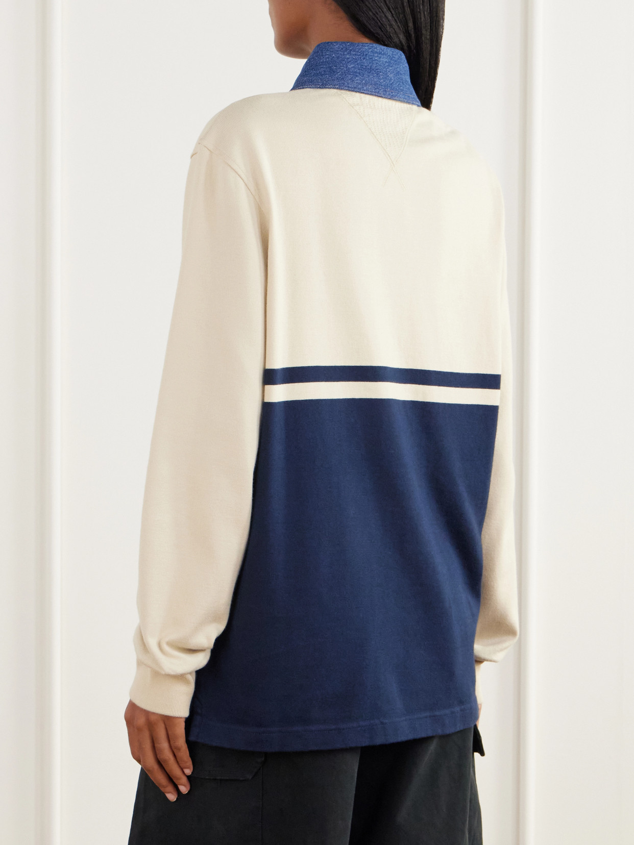 Contrast Collar Embroidered Striped Cotton-Jersey Polo