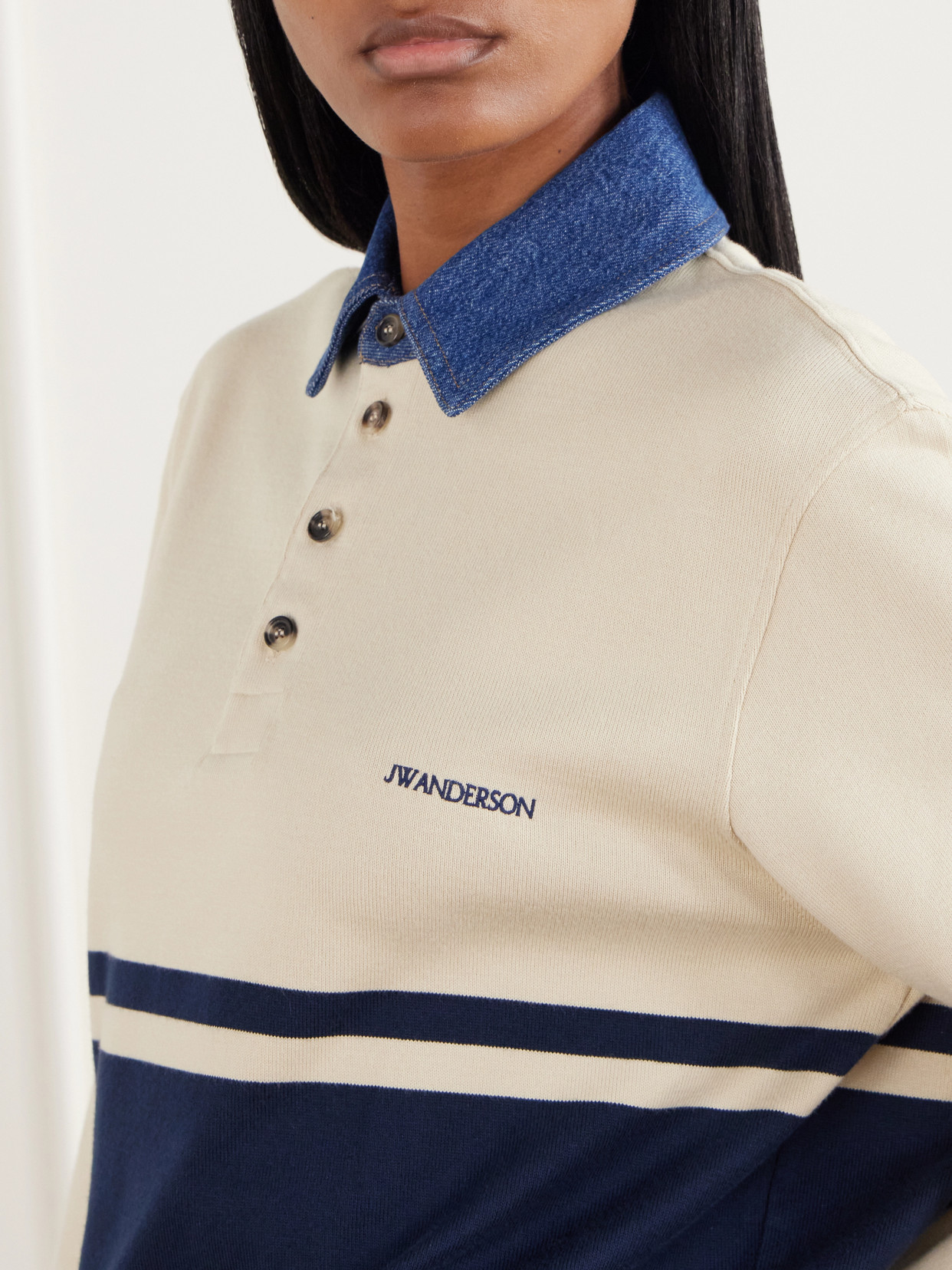 Contrast Collar Embroidered Striped Cotton-Jersey Polo