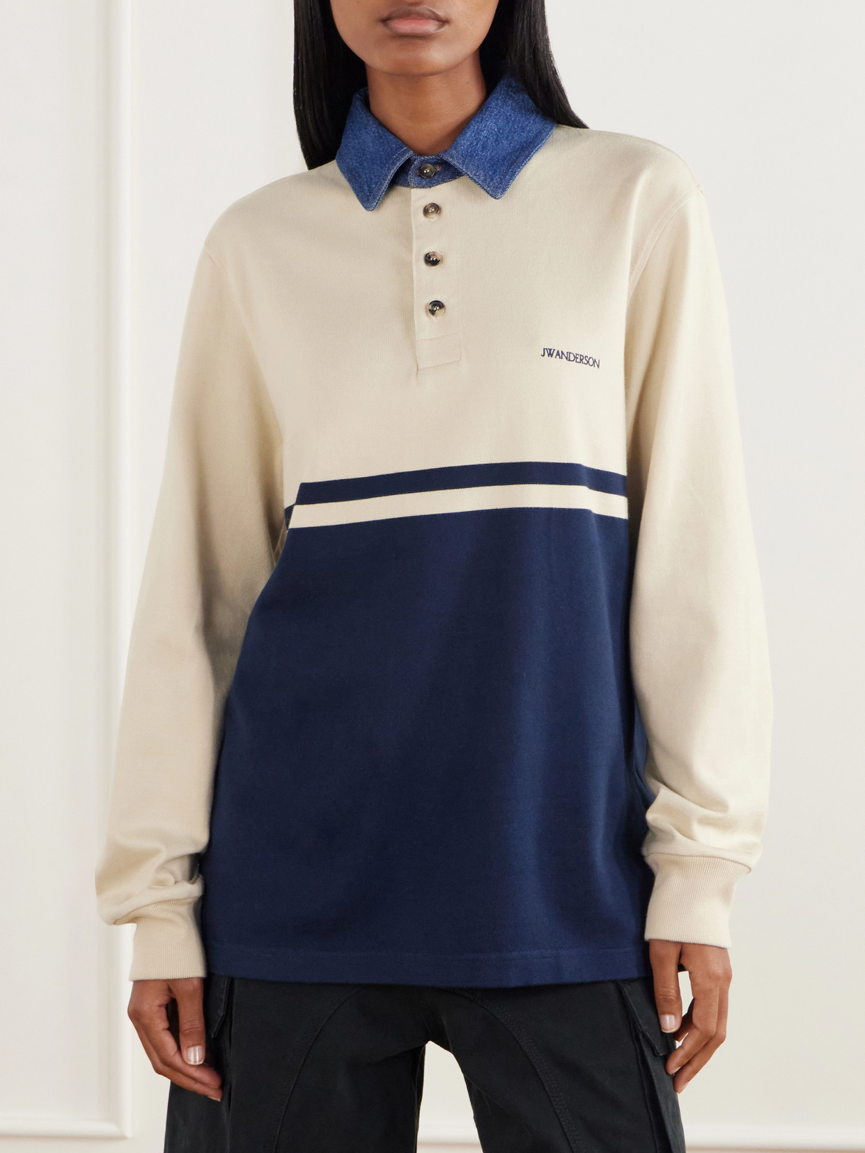 Contrast Collar Embroidered Striped Cotton-Jersey Polo