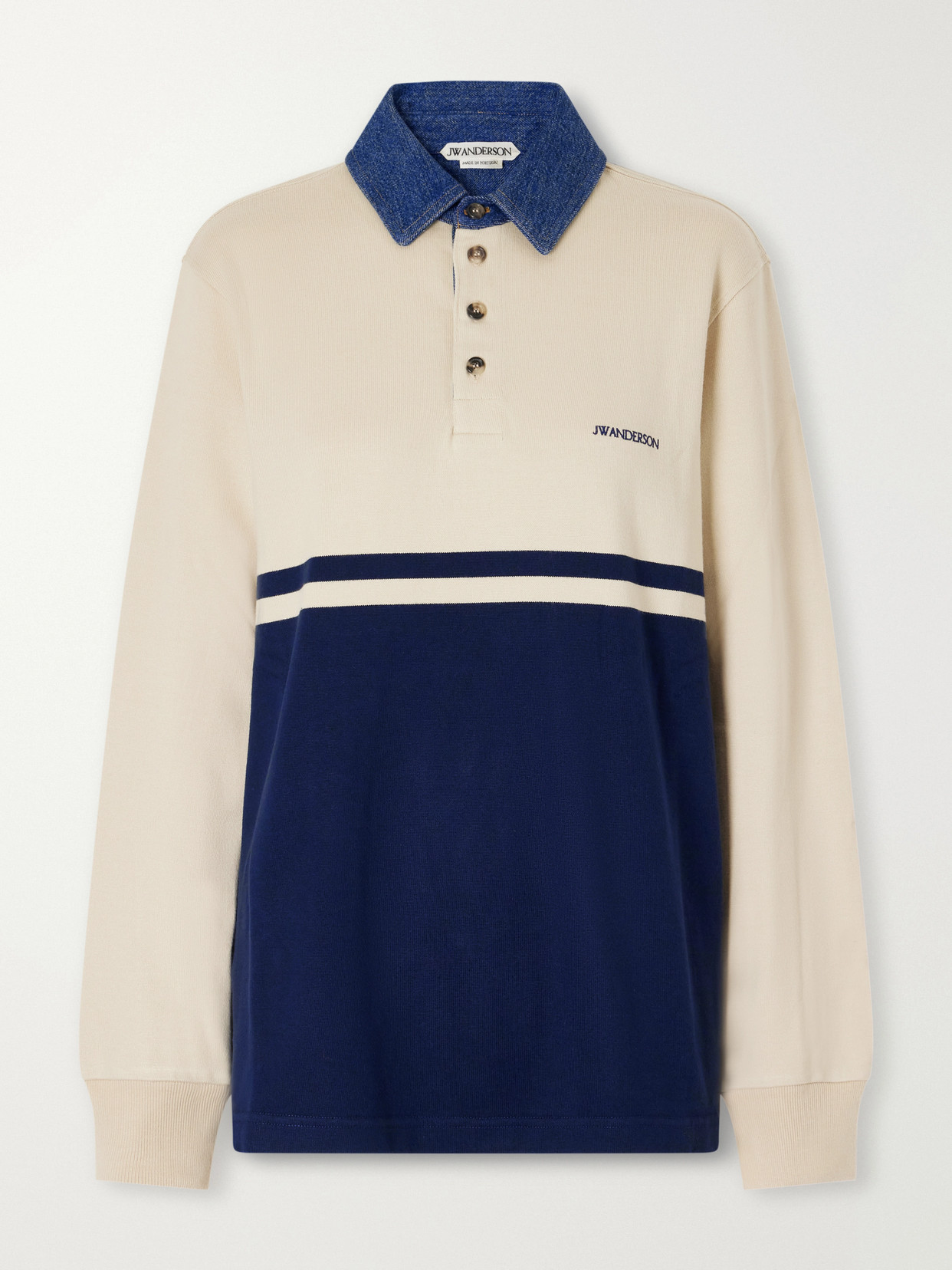 Contrast Collar Embroidered Striped Cotton-Jersey Polo