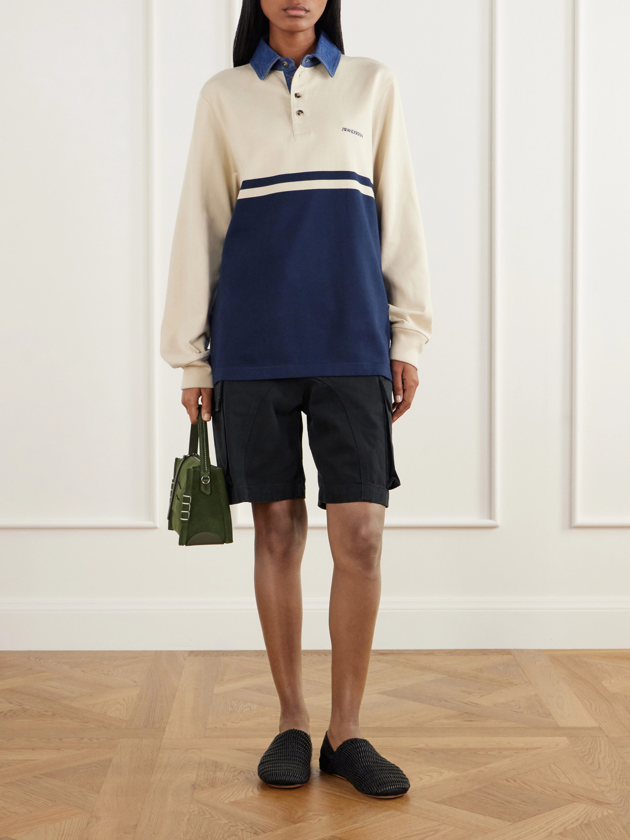 Contrast Collar Embroidered Striped Cotton-Jersey Polo