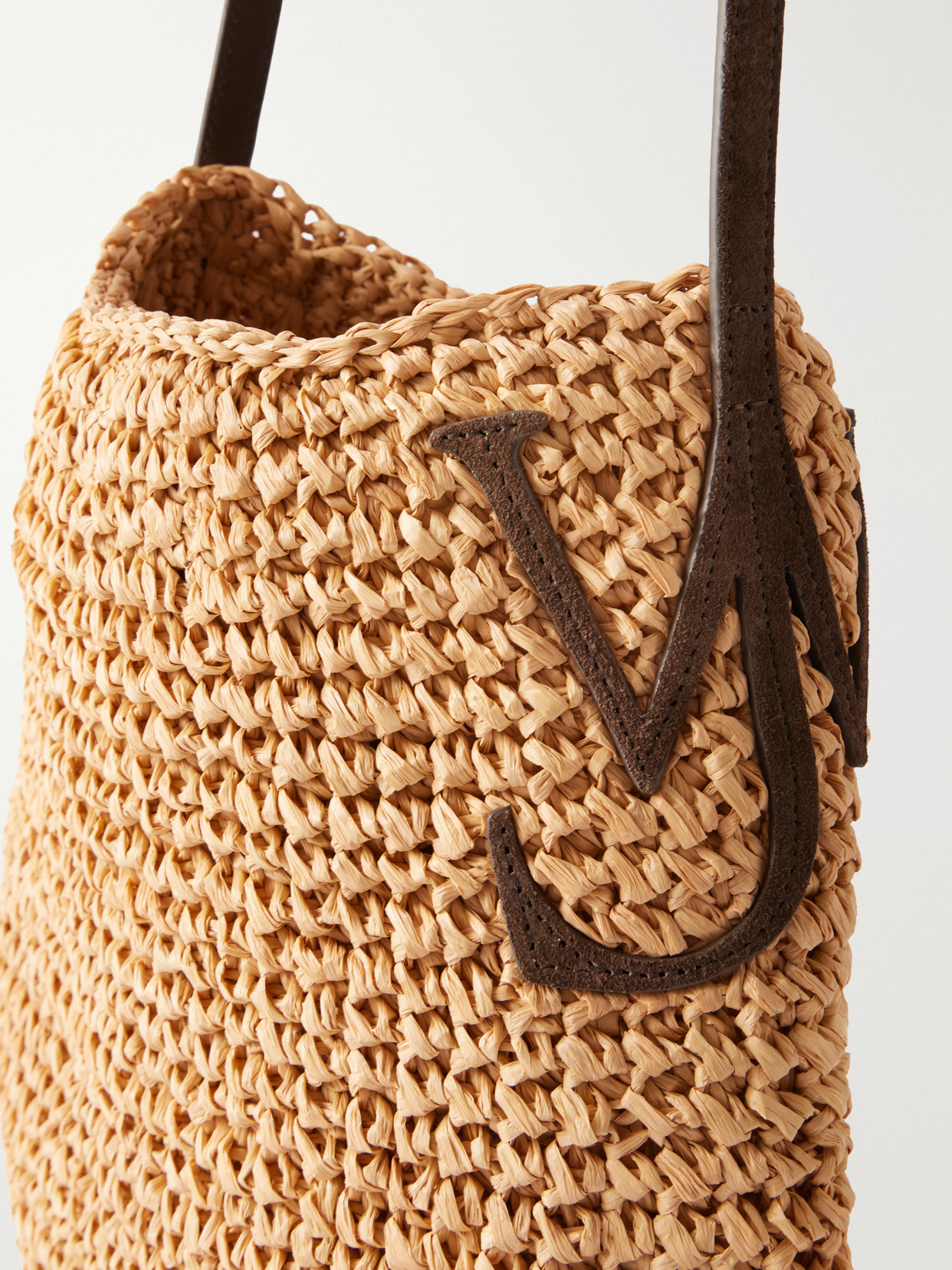 Bulb Leather-Trimmed Raffia Shoulder Bag
