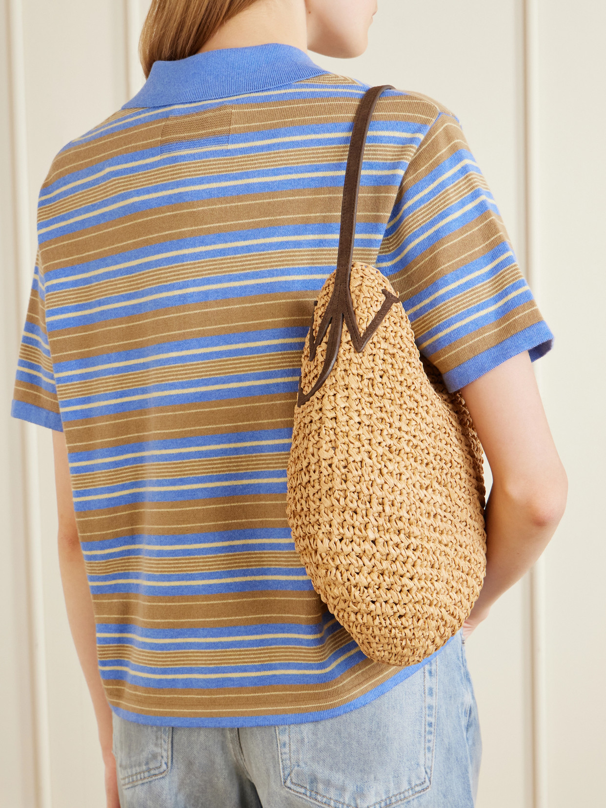 Bulb Leather-Trimmed Raffia Shoulder Bag