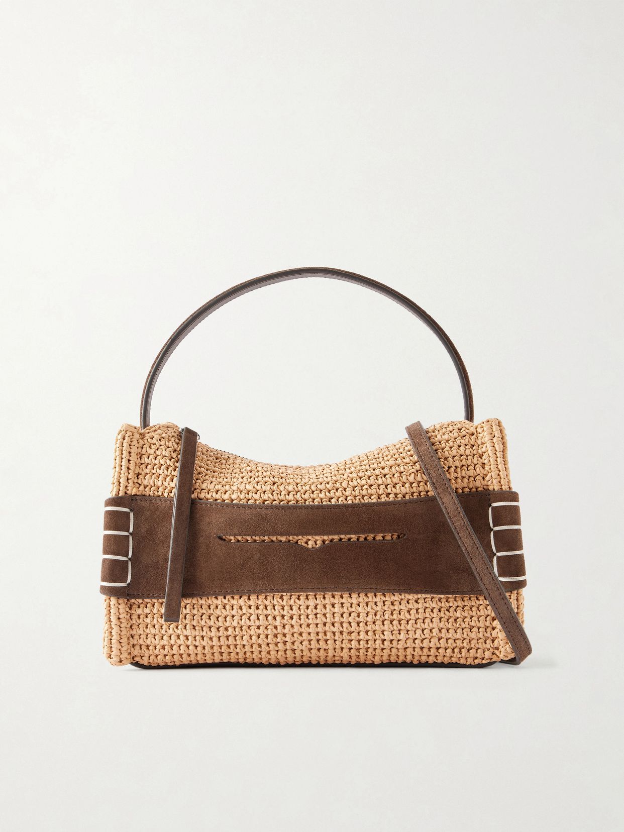 loafer crocheted suede trimmed raffia shoulder bag