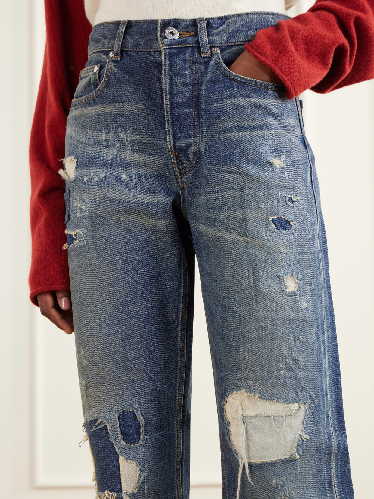 Distressed Mid-Rise Straight-Leg Jeans