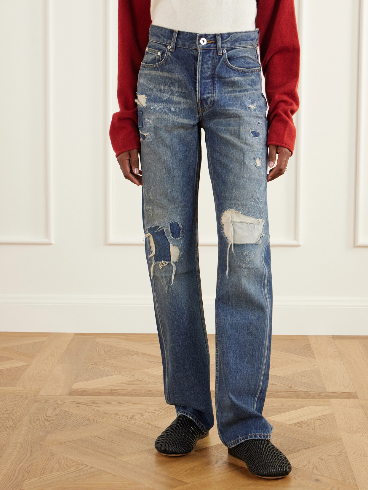 Distressed Mid-Rise Straight-Leg Jeans