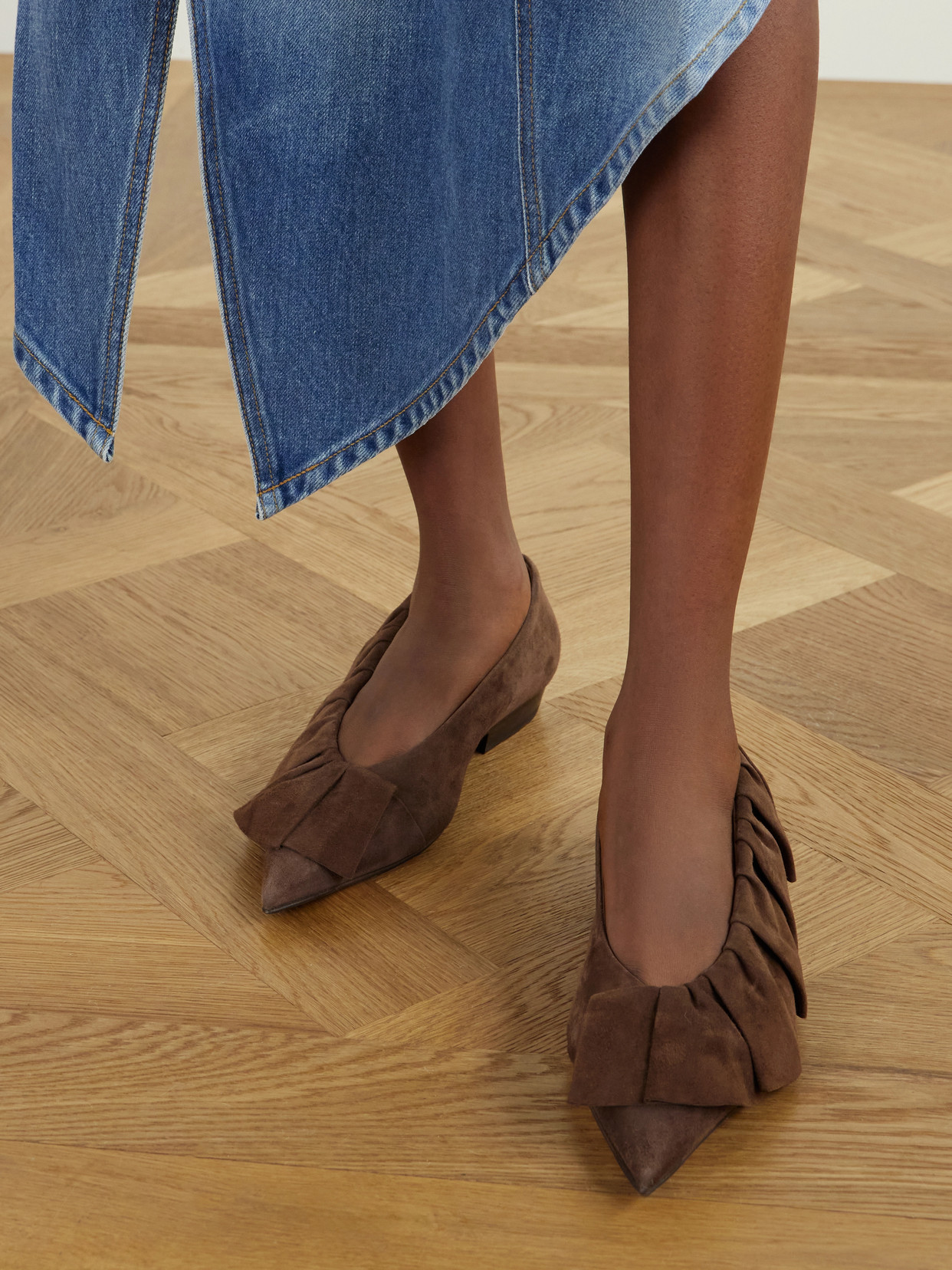 Ruffled Nubuck-Trimmed Ballet Flats
