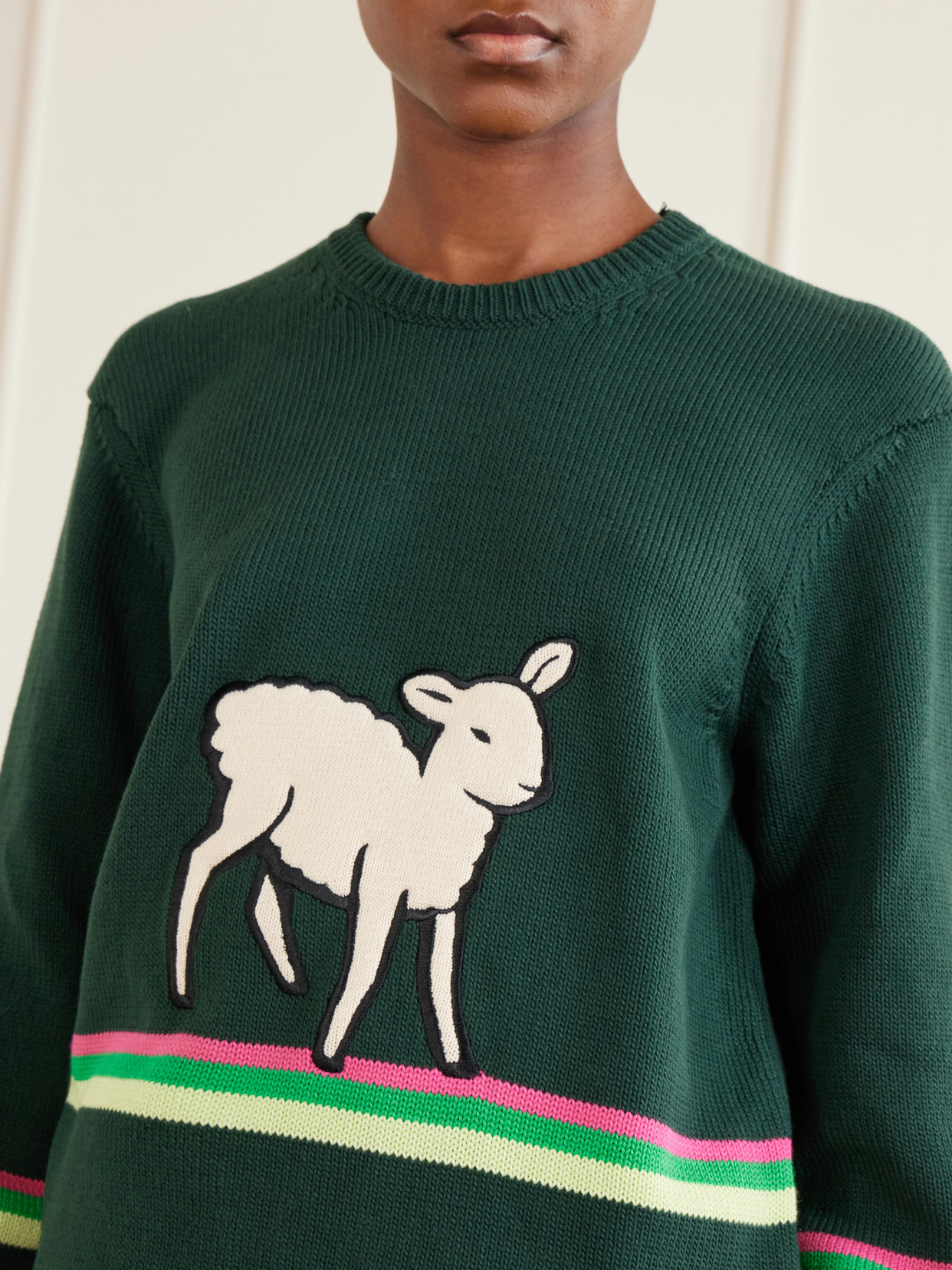 Jw Anderson Sheep Embroidered Striped Cotton Sweater In Green