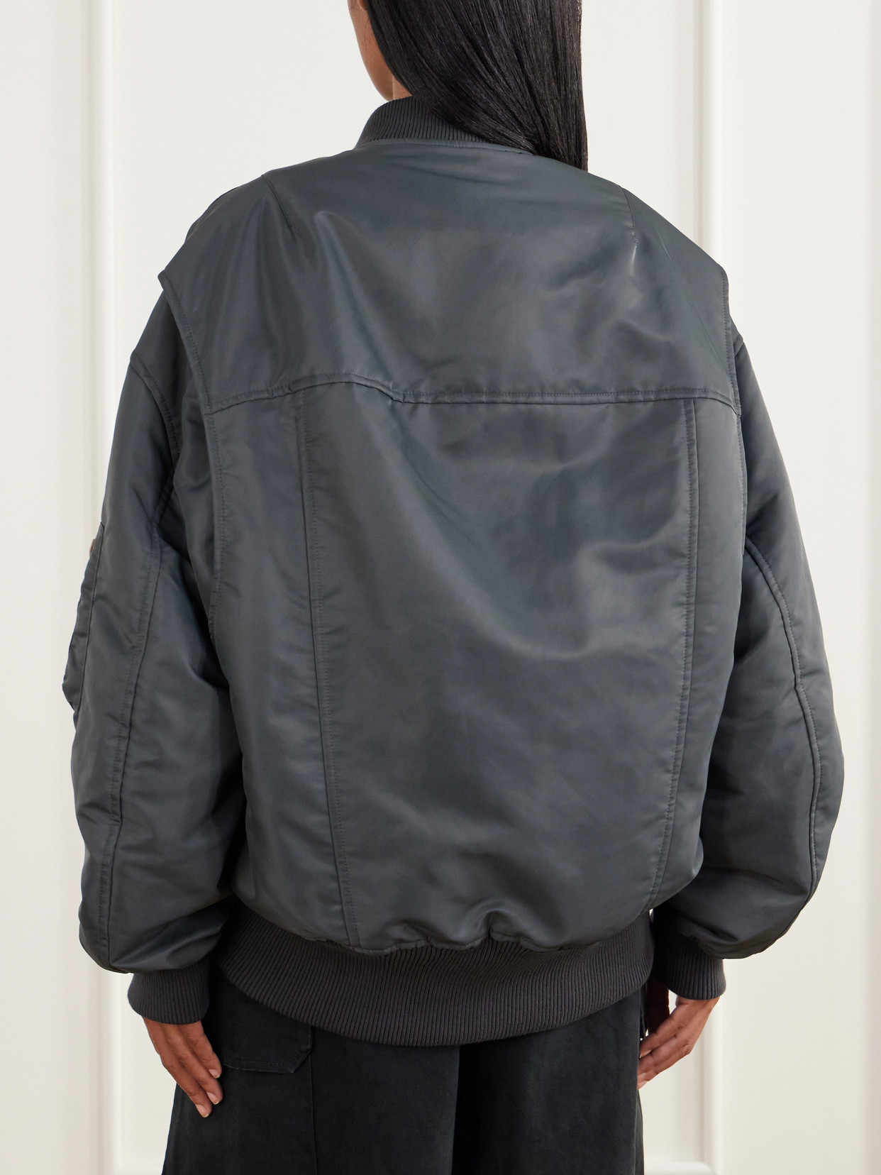 Oversized Tipped Hem Rib-Trimmed Satin Bomber Jacket