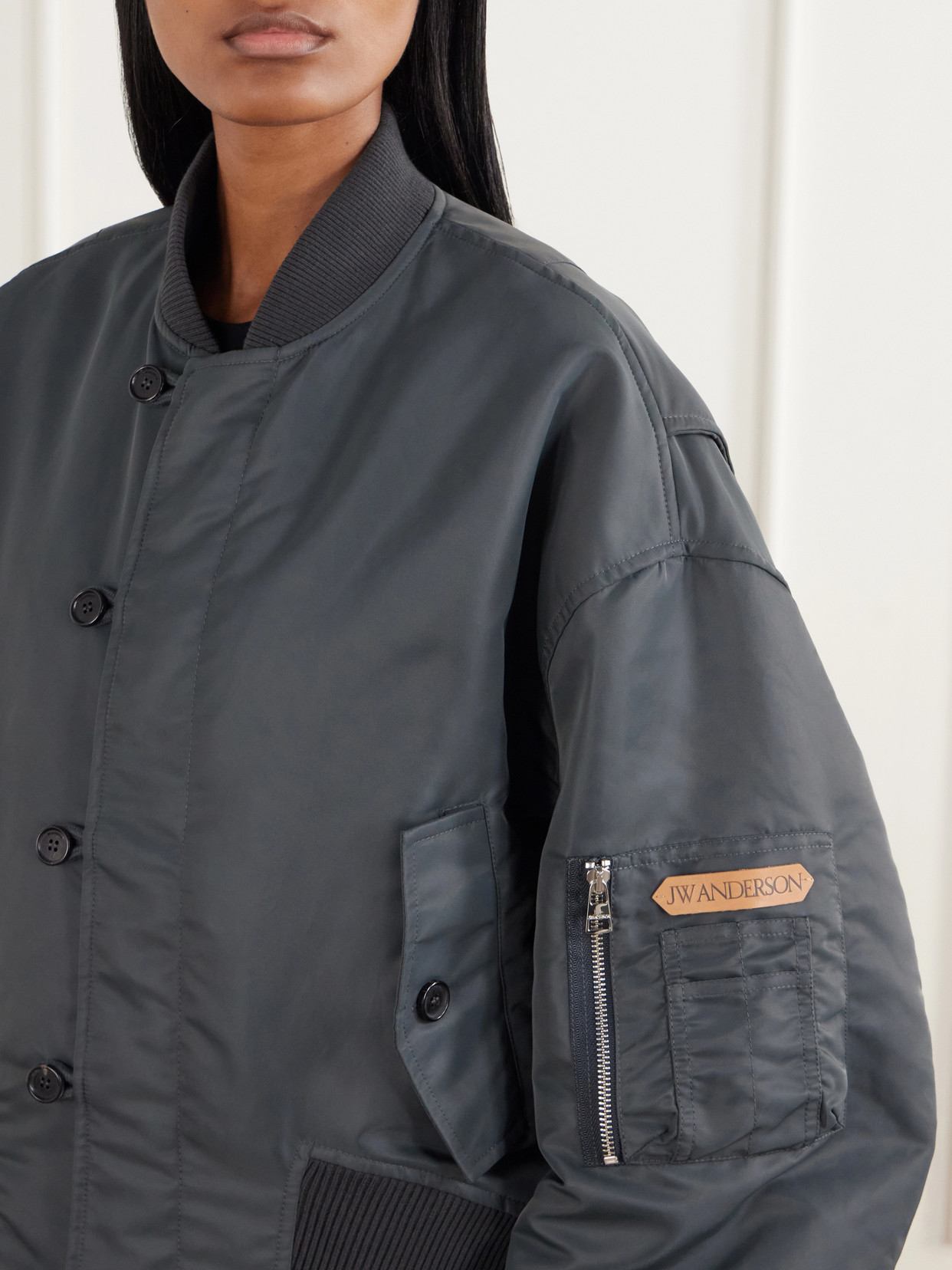 Oversized Tipped Hem Rib-Trimmed Satin Bomber Jacket