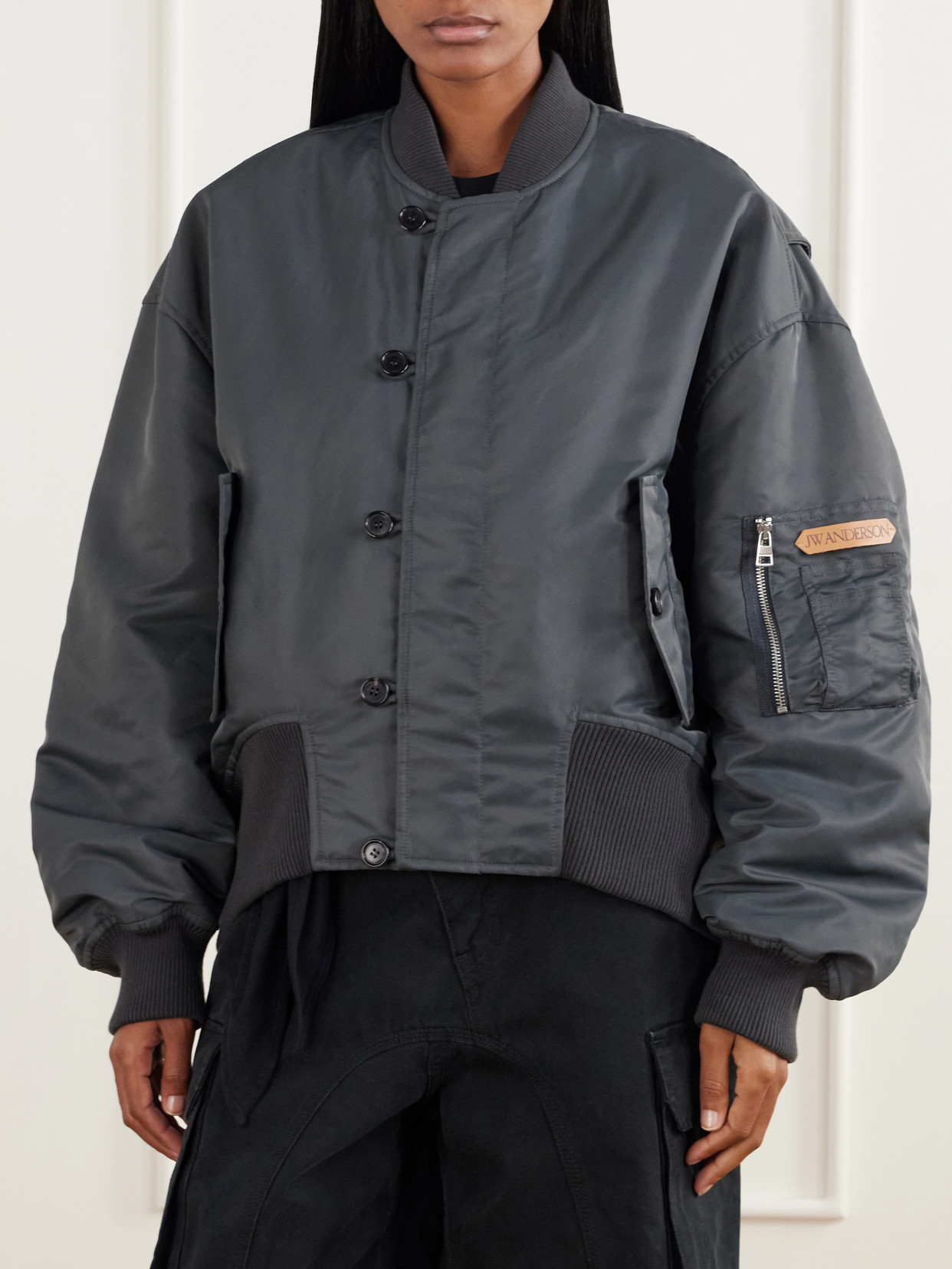 Oversized Tipped Hem Rib-Trimmed Satin Bomber Jacket